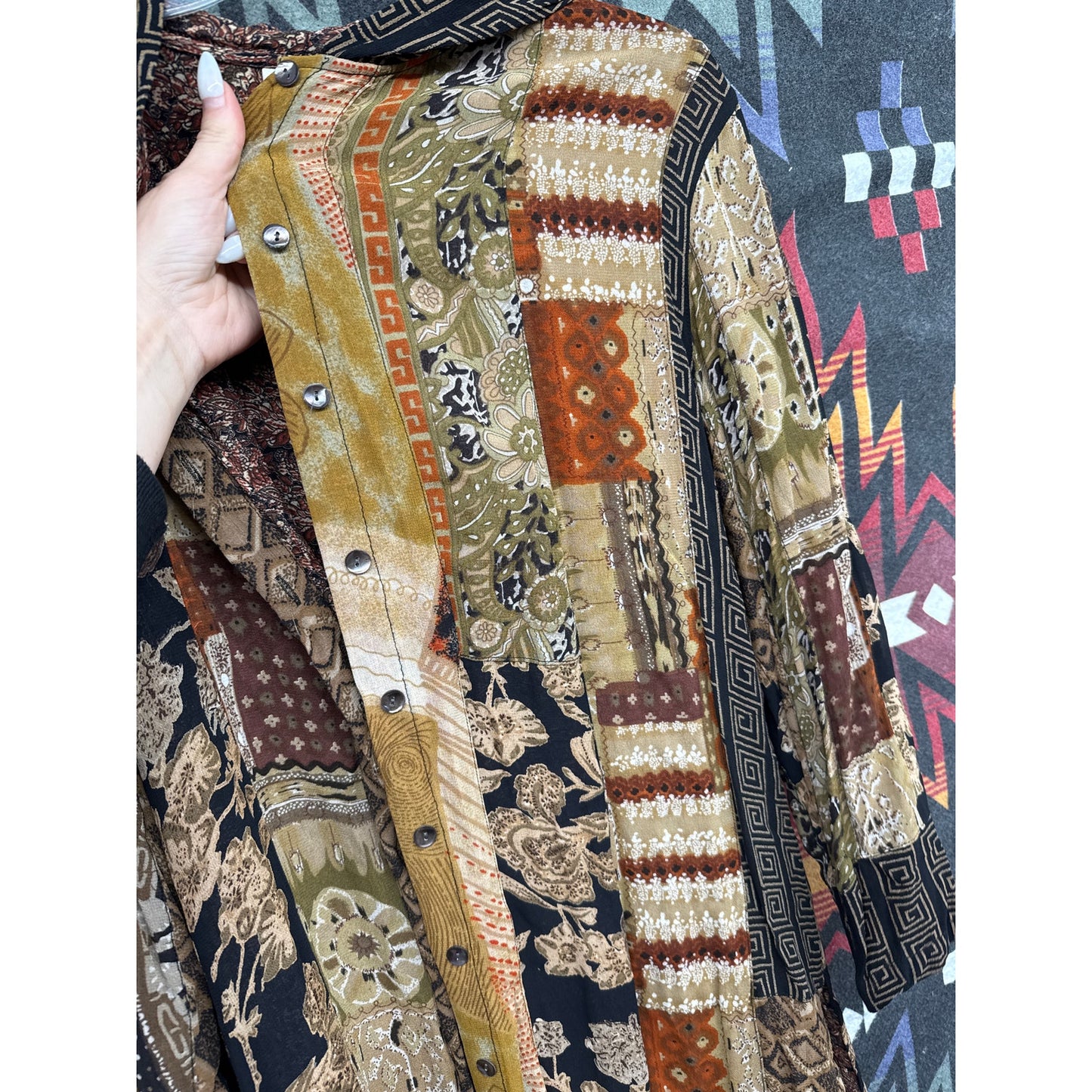 Chico's 2 Cardigan Patchwork Boho Knee Length Duster Hooded Tribal Indian
