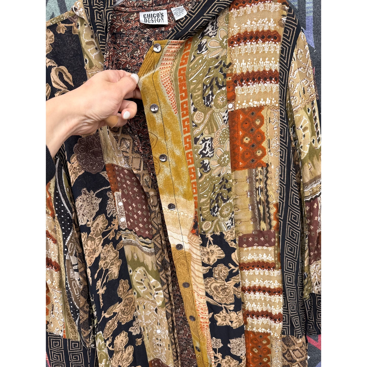 Chico's 2 Cardigan Patchwork Boho Knee Length Duster Hooded Tribal Indian