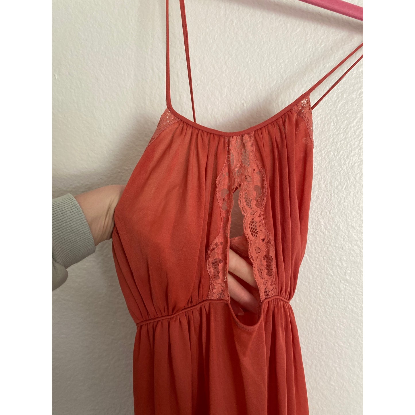 70s Vintage Siren Sexy Lace Lily of France Coral Maxi Nightgown Large Salmon