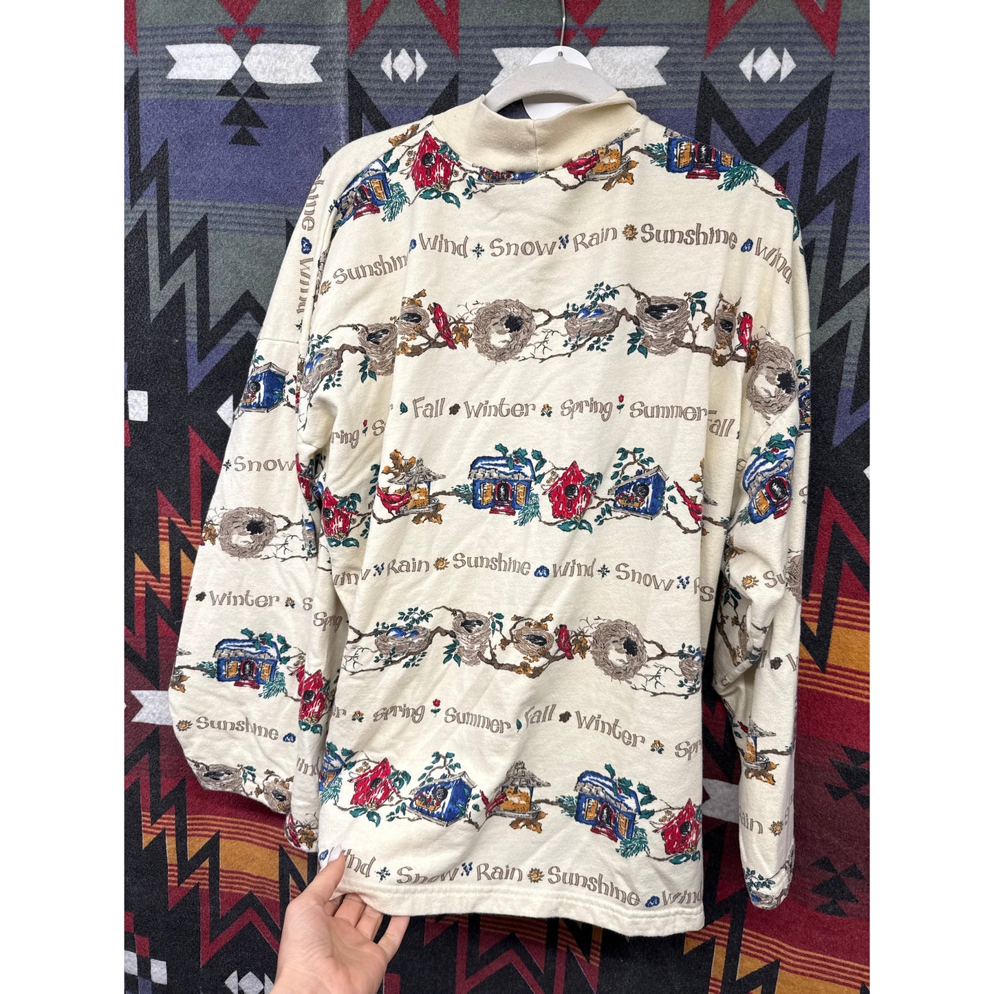 Vintage Bobbie Brooks Turtleneck Top Quirky Novelty Seasonal Birdhouse Birds XL
