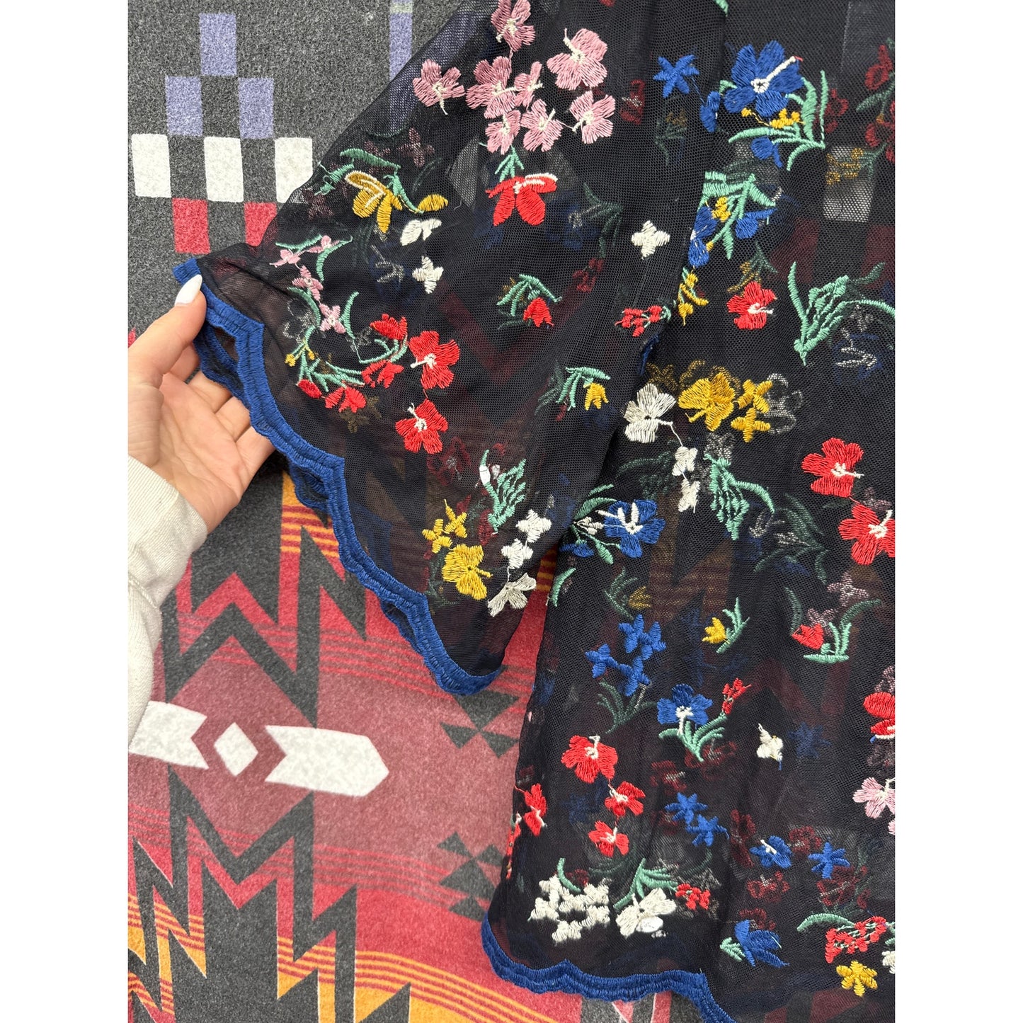 Maeve Anthropologie Black Sheer Blouse Floral Embroidered Fairy Cottage Prairie