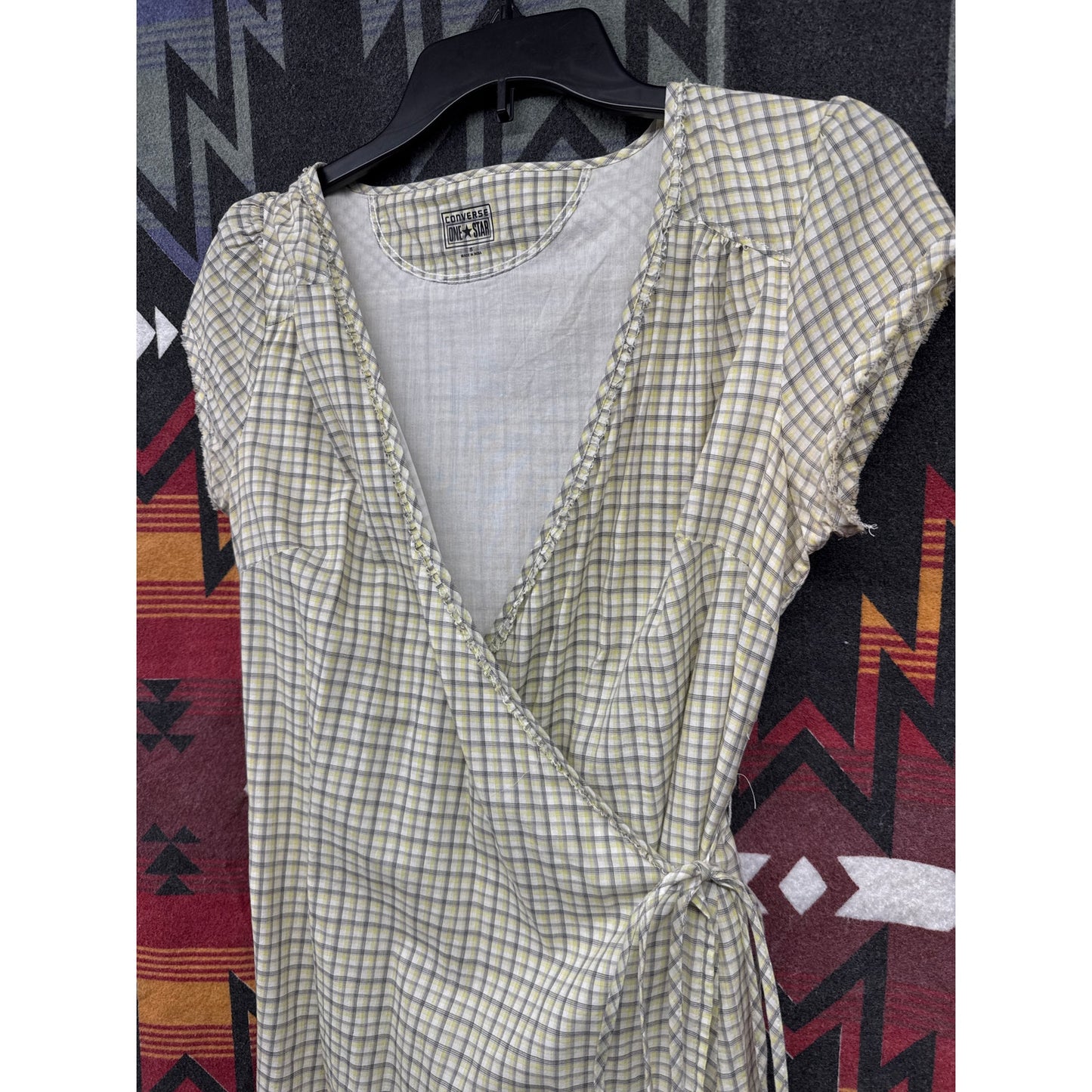 Converse Women Plaid Yellow Wrap Ruffle Mini Grunge Emo Dress Small Academia