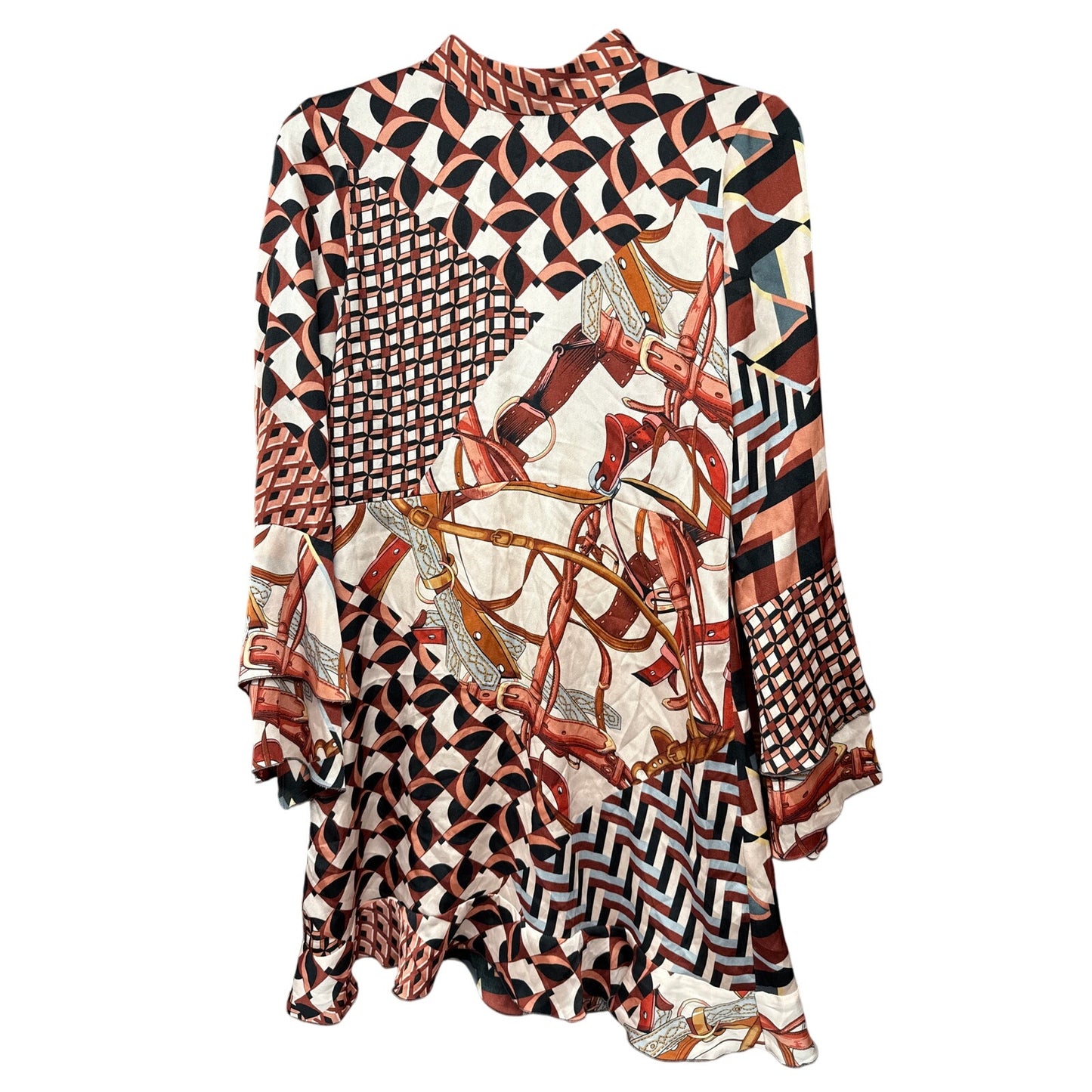 ZARA Women Patchwork Equestrian Belt Scarf Print Dress Ruffle Festival Medium