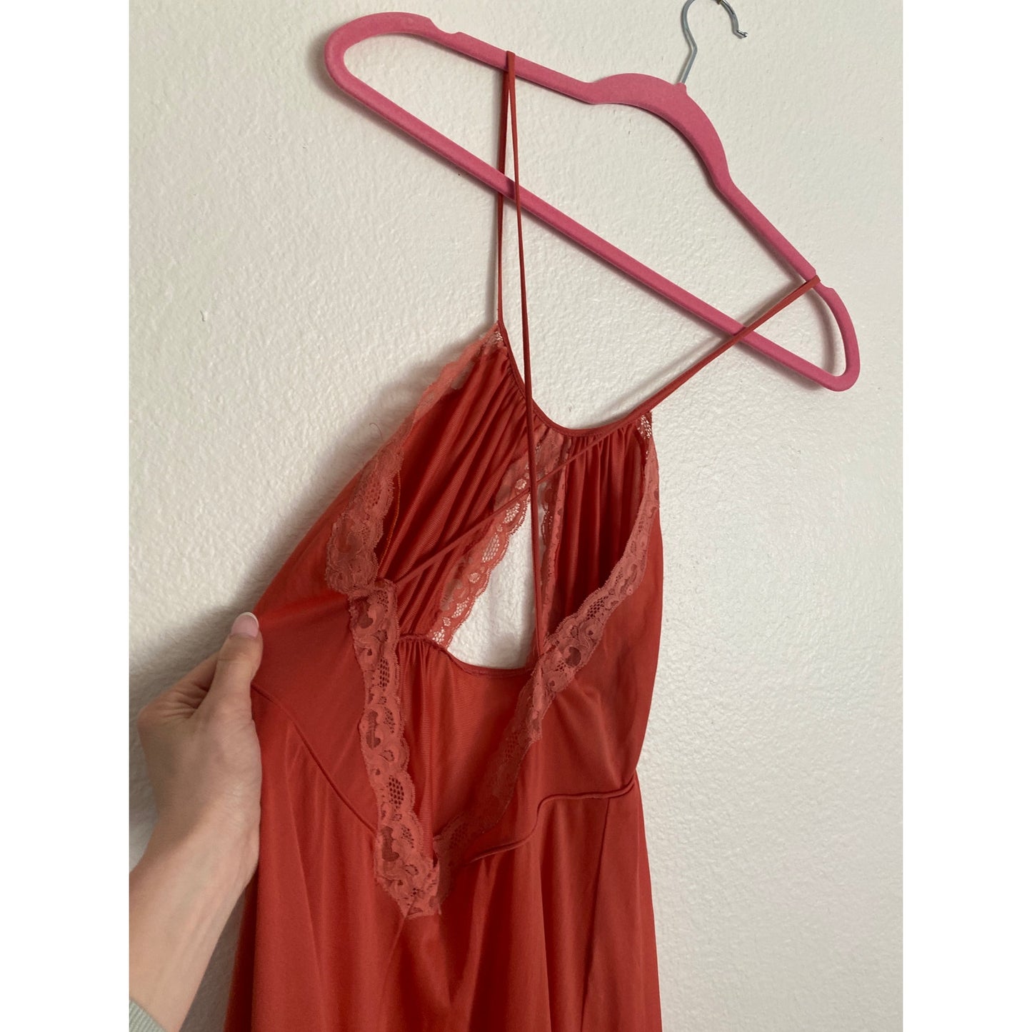 70s Vintage Siren Sexy Lace Lily of France Coral Maxi Nightgown Large Salmon