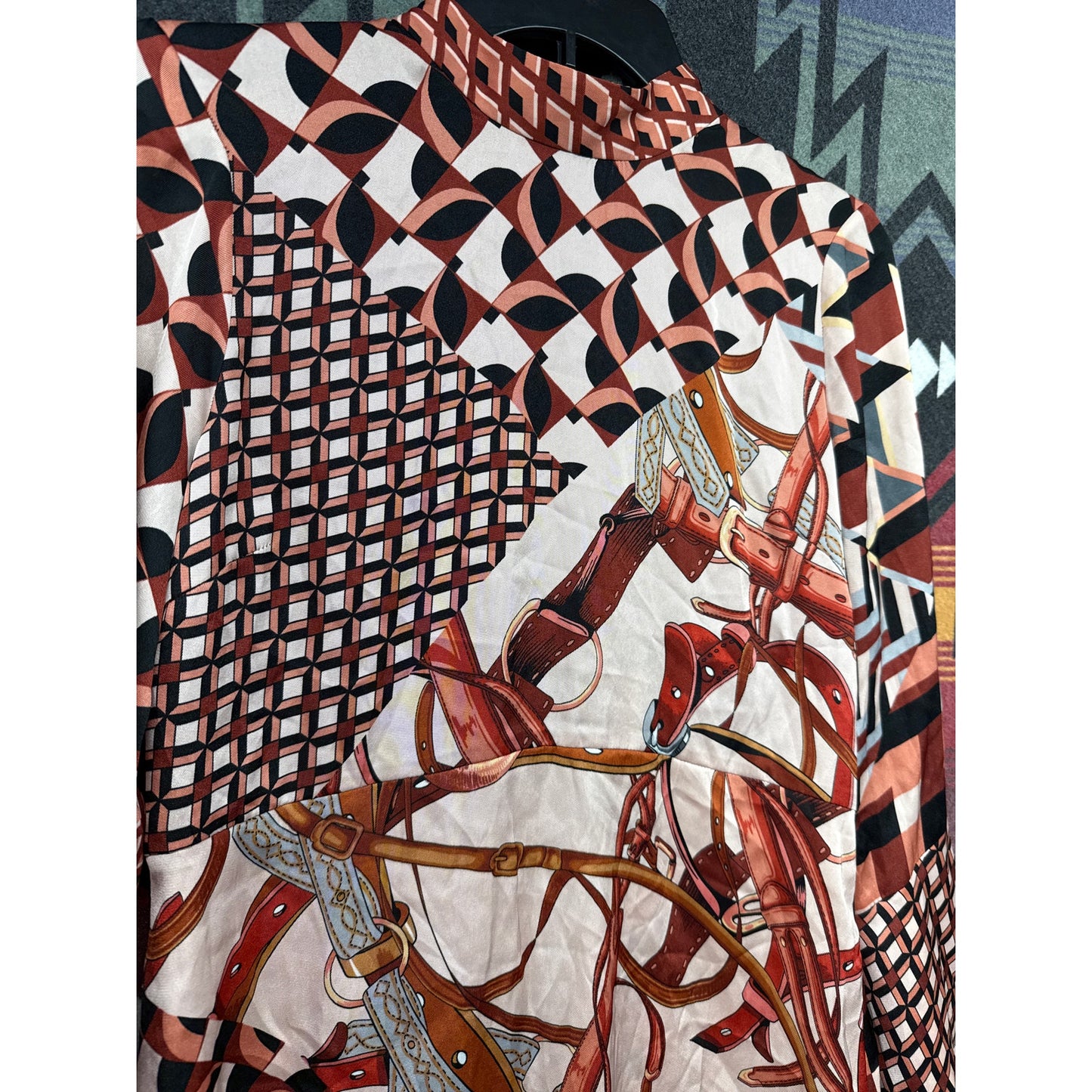 ZARA Women Patchwork Equestrian Belt Scarf Print Dress Ruffle Festival Medium