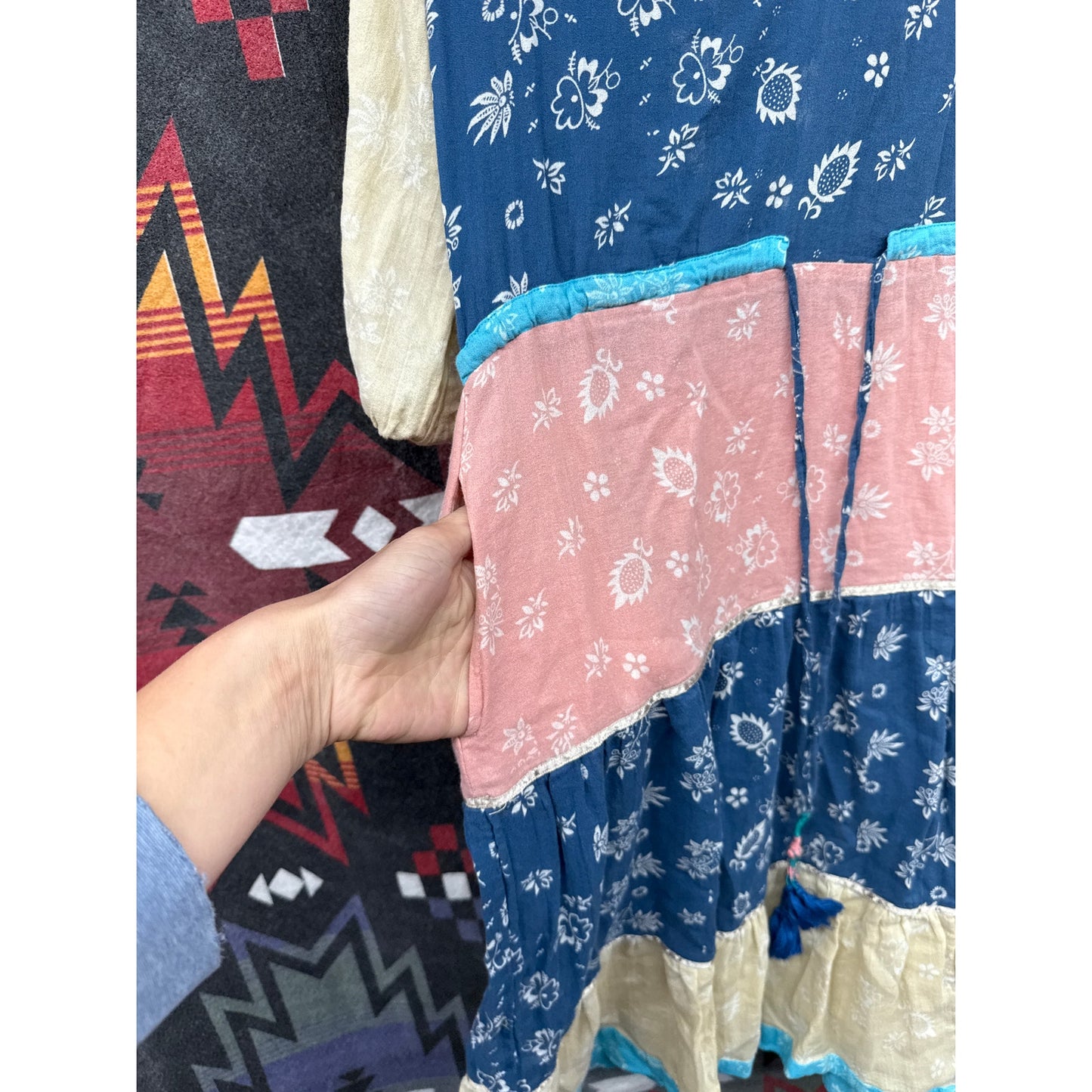 Anthropologie Kopal Patchwork Dress Prairie Tiered Large Cottage Gender Reveal