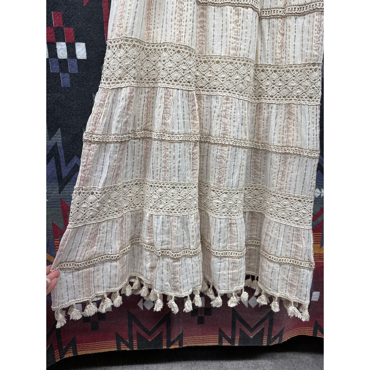Anthropologie Me 2 Magic Bohemian Dress Maxi Crotchet Lace Tassel Rainbow Fairy