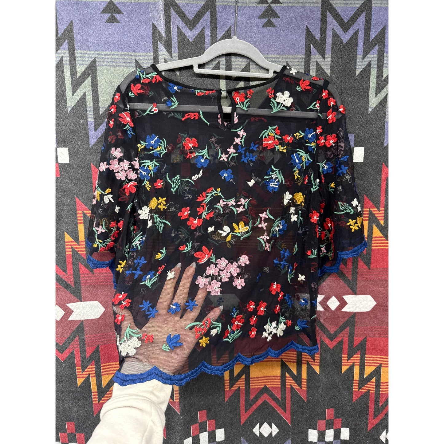 Maeve Anthropologie Black Sheer Blouse Floral Embroidered Fairy Cottage Prairie