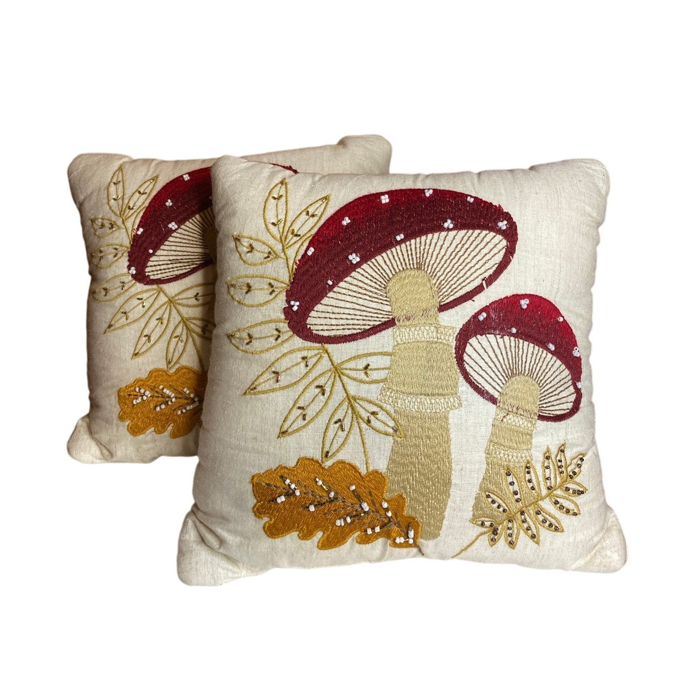 2 Small Fall Mushroom Beaded Accent Pillows