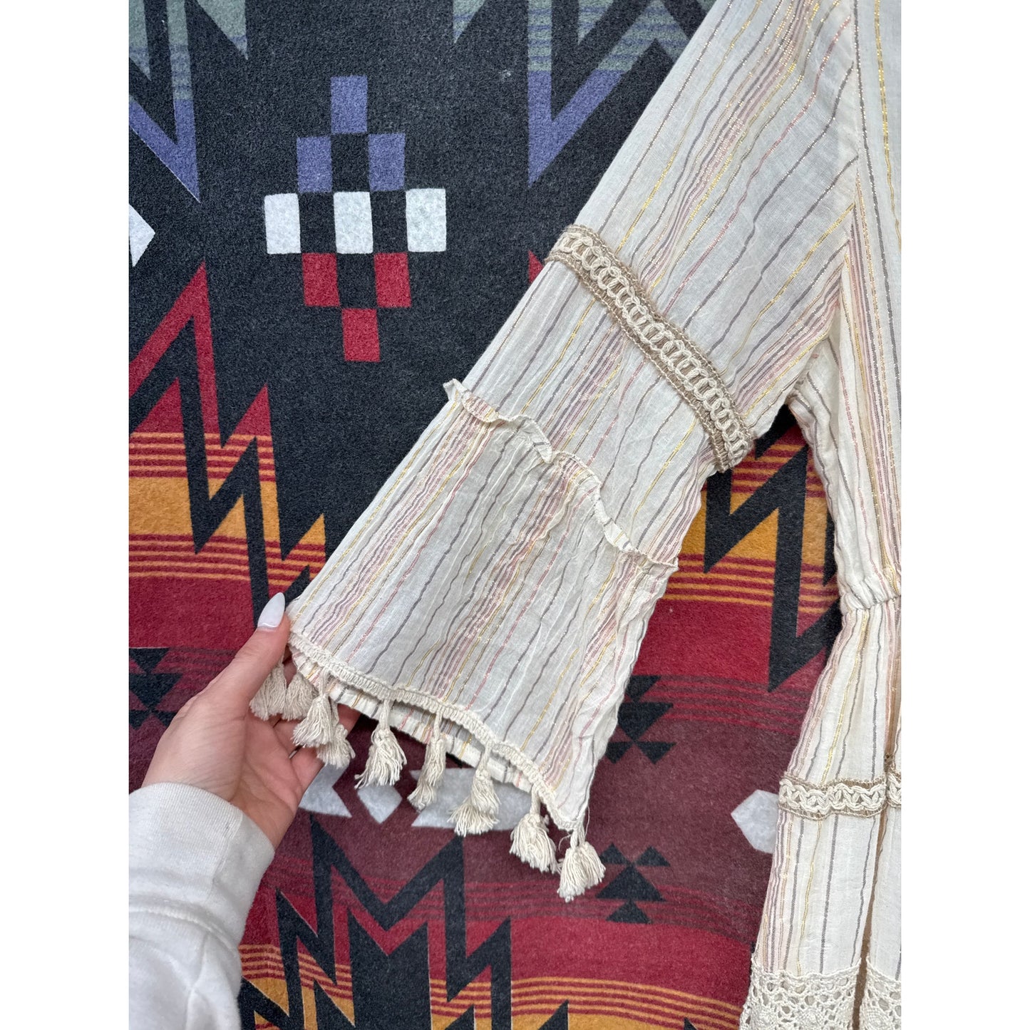 Anthropologie Me 2 Magic Bohemian Dress Maxi Crotchet Lace Tassel Rainbow Fairy