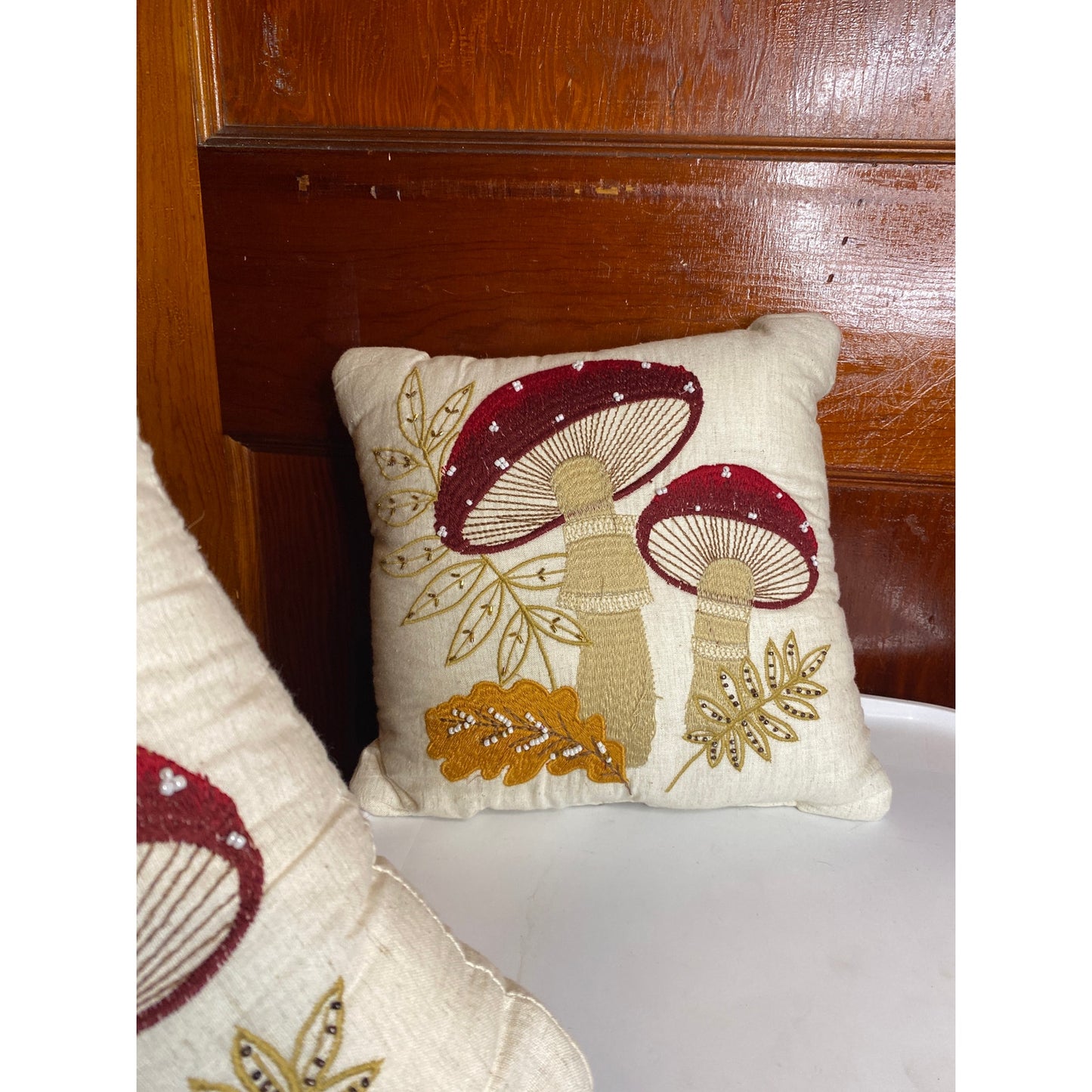 2 Small Fall Mushroom Beaded Accent Pillows