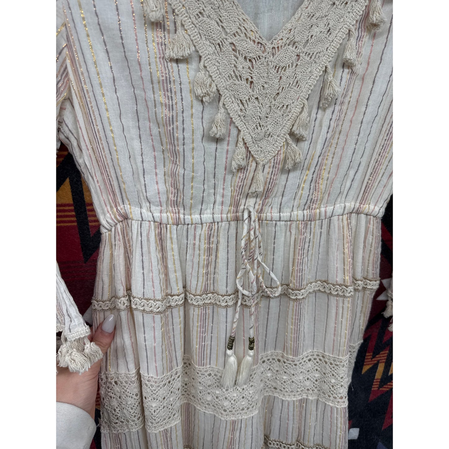 Anthropologie Me 2 Magic Bohemian Dress Maxi Crotchet Lace Tassel Rainbow Fairy