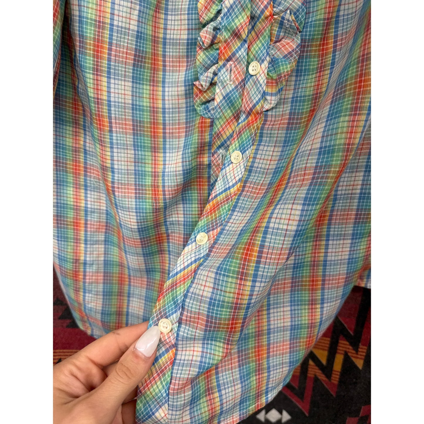 Vintage Shapely 80s Plaid Rainbow Ruffle 12 Blouse Farmer Garden Prairie Modest
