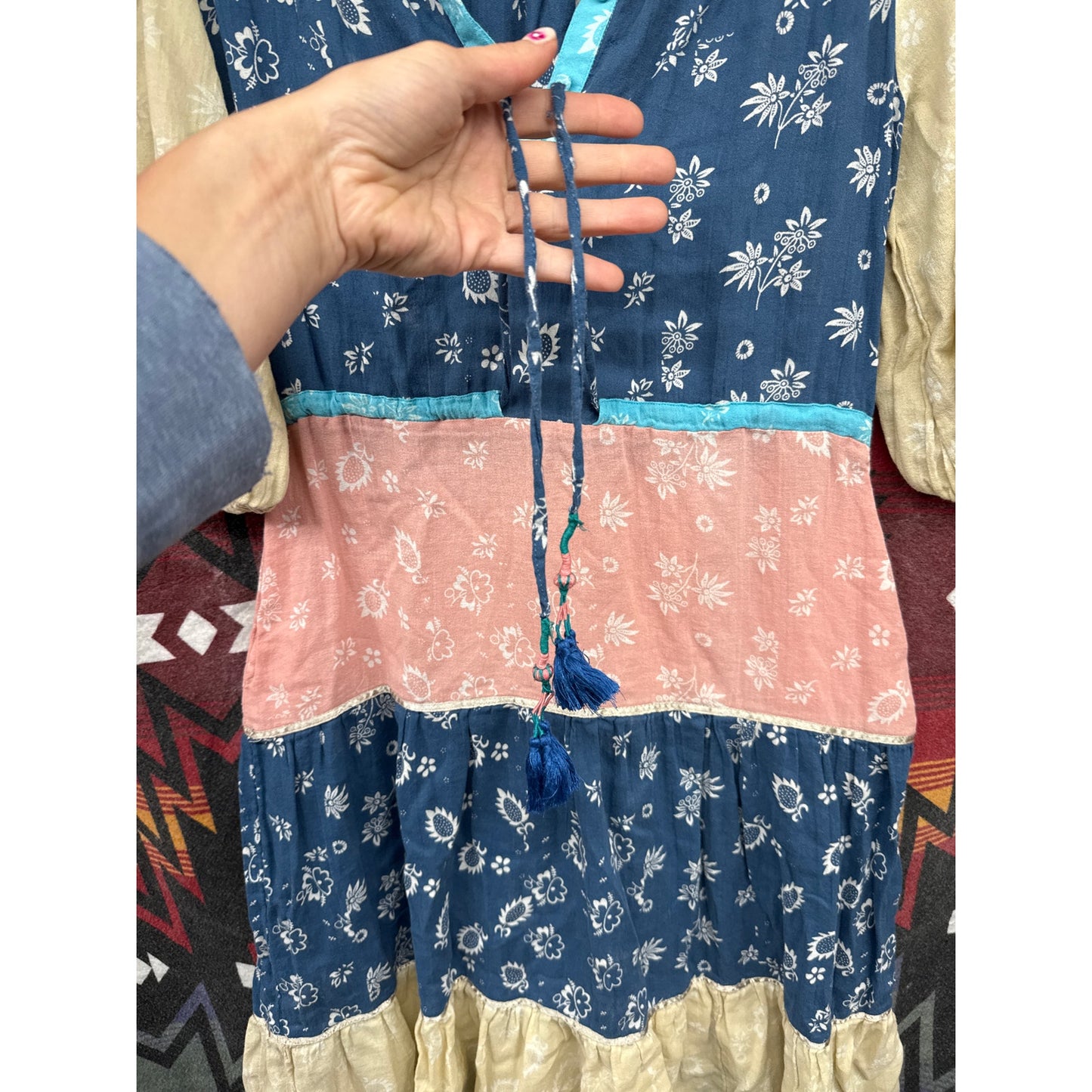 Anthropologie Kopal Patchwork Dress Prairie Tiered Large Cottage Gender Reveal