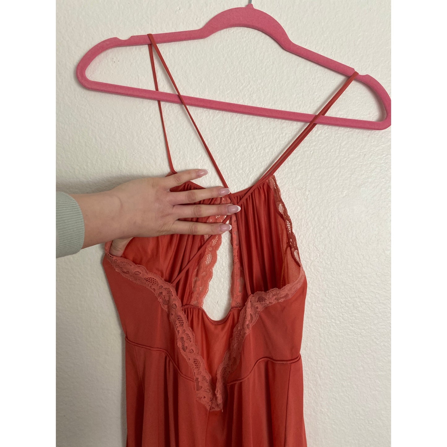 70s Vintage Siren Sexy Lace Lily of France Coral Maxi Nightgown Large Salmon