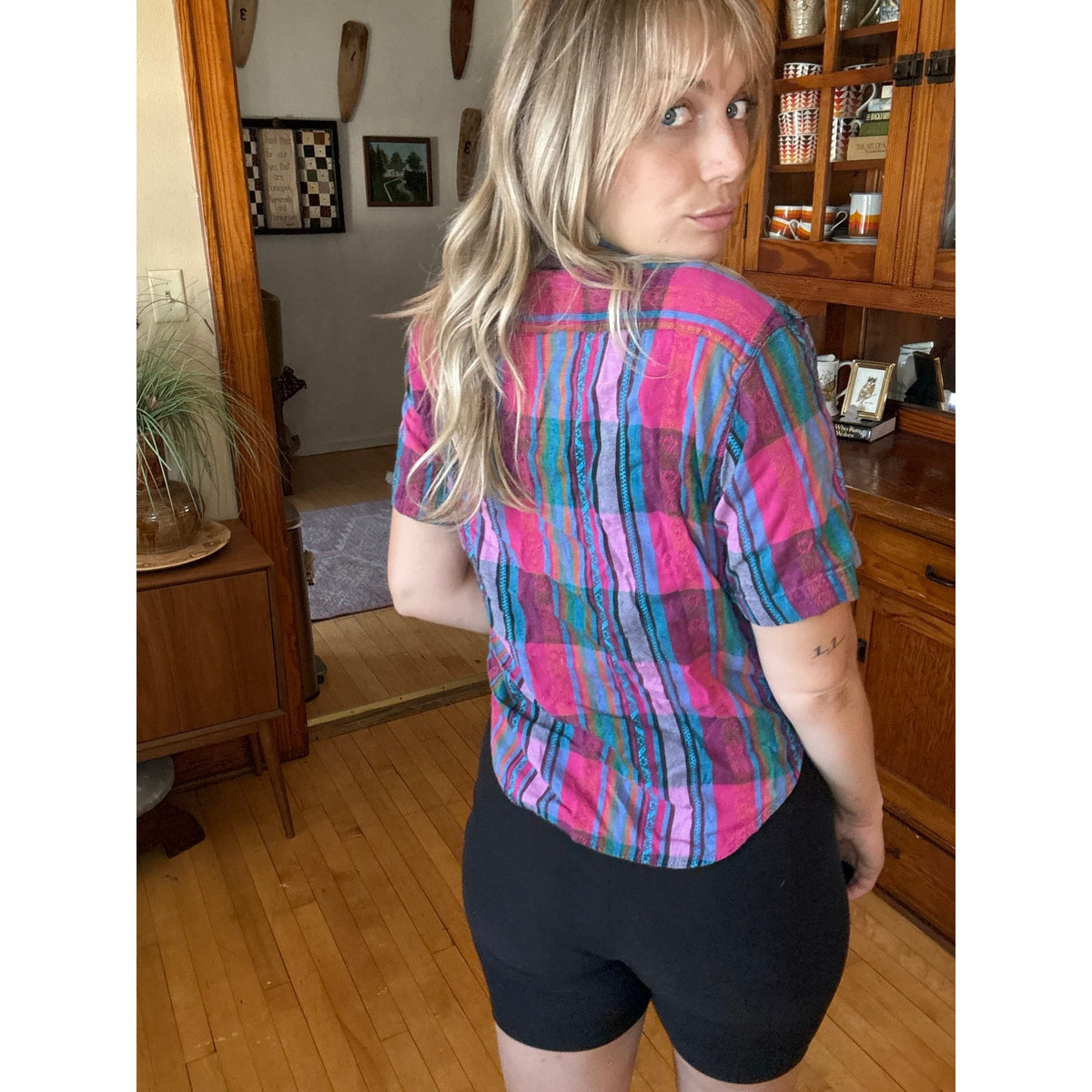 80s Vintage Jeans Wear Pink Plaid Button Down Shirt Medium Farmer