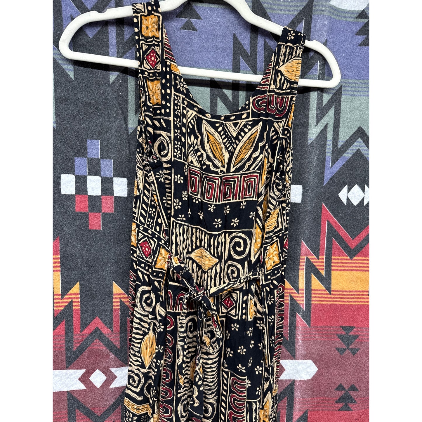 Vintage 90s Studio Style Midi Black Dress Large Tribal Nature Crunchy Leaf