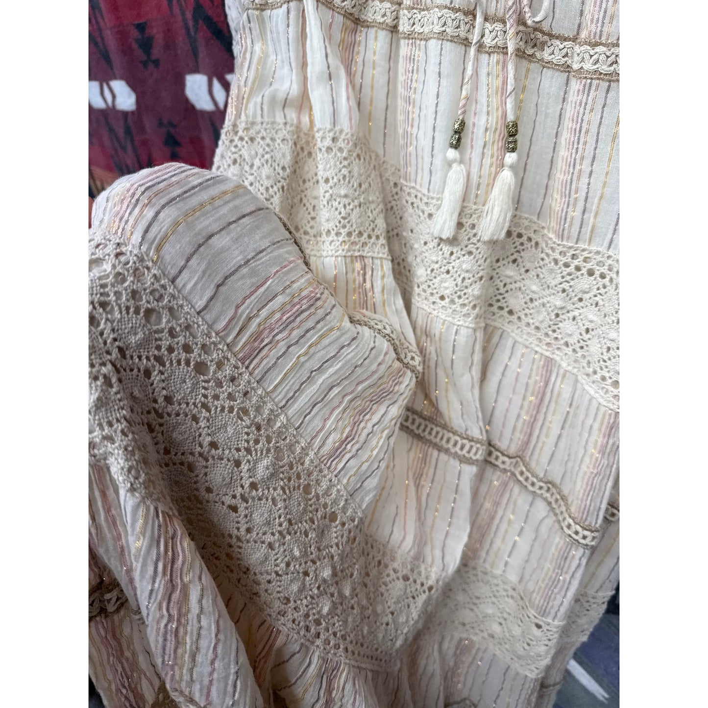 Anthropologie Me 2 Magic Bohemian Dress Maxi Crotchet Lace Tassel Rainbow Fairy