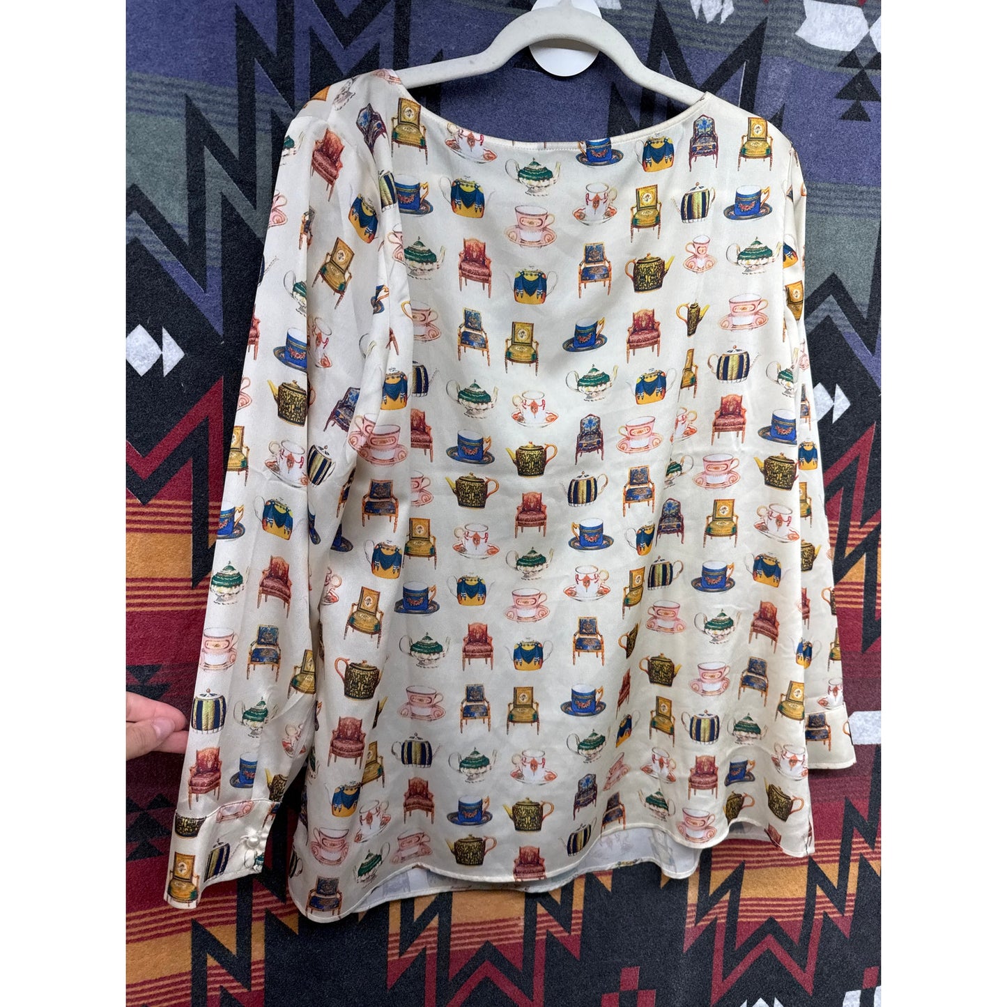 Talbots White Chairs Teacups Victorian Blouse Royal Large Novelty Print Whimsy