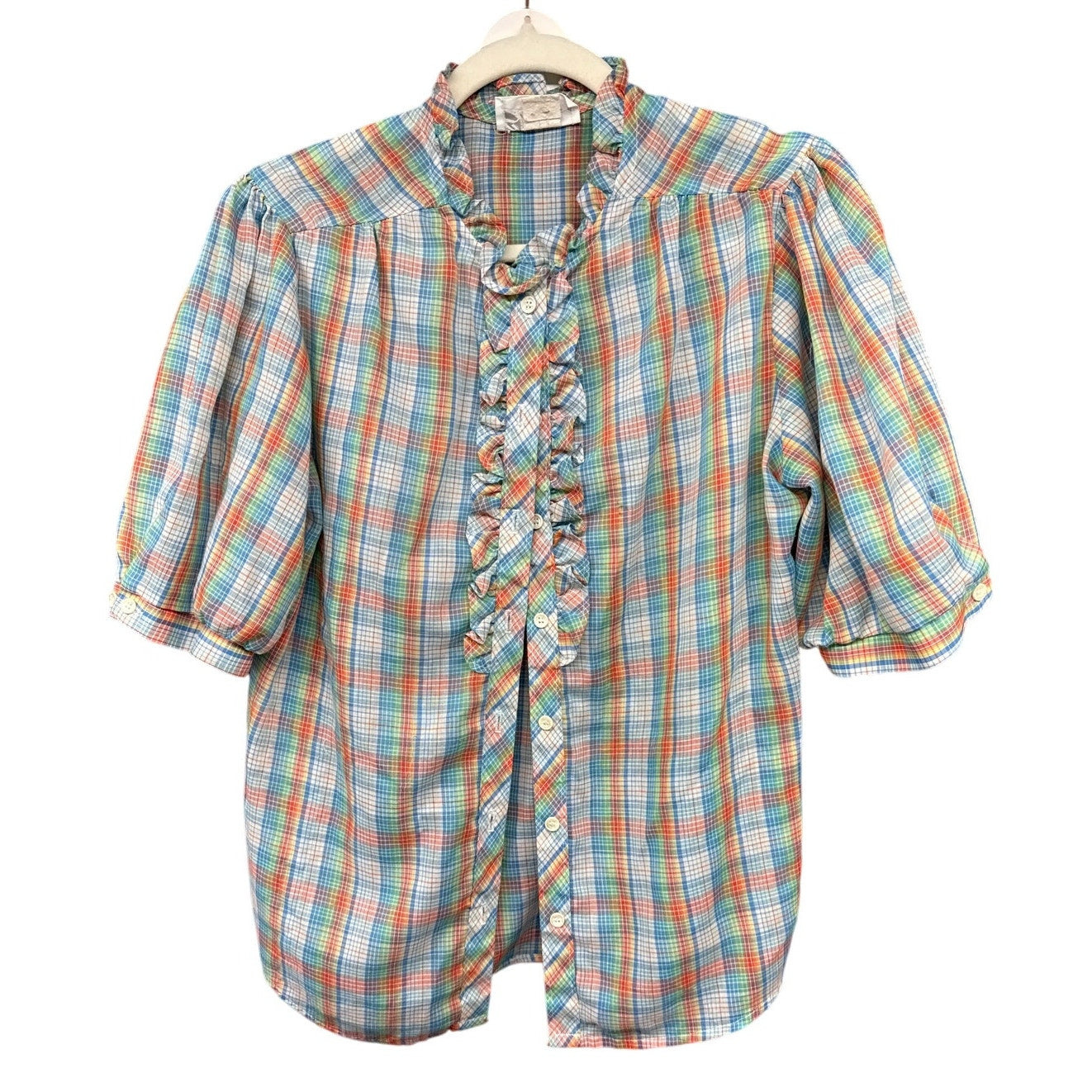 Vintage Shapely 80s Plaid Rainbow Ruffle 12 Blouse Farmer Garden Prairie Modest