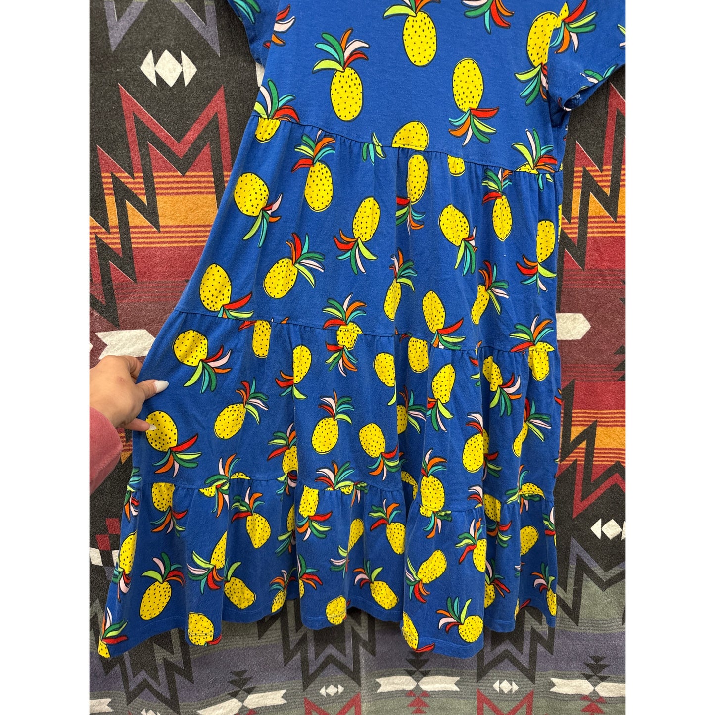 Hanna Andersson Girl Blue Pineapple Tiered Dress Vacation Florida Beach 14-16