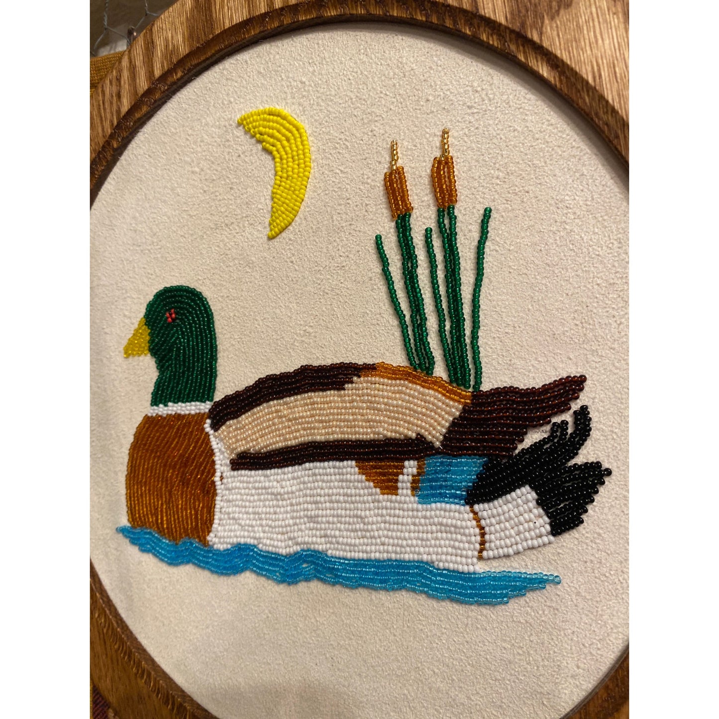 Vintage Beaded Embroidered Mallard Duck Picture Cabin Home Decor