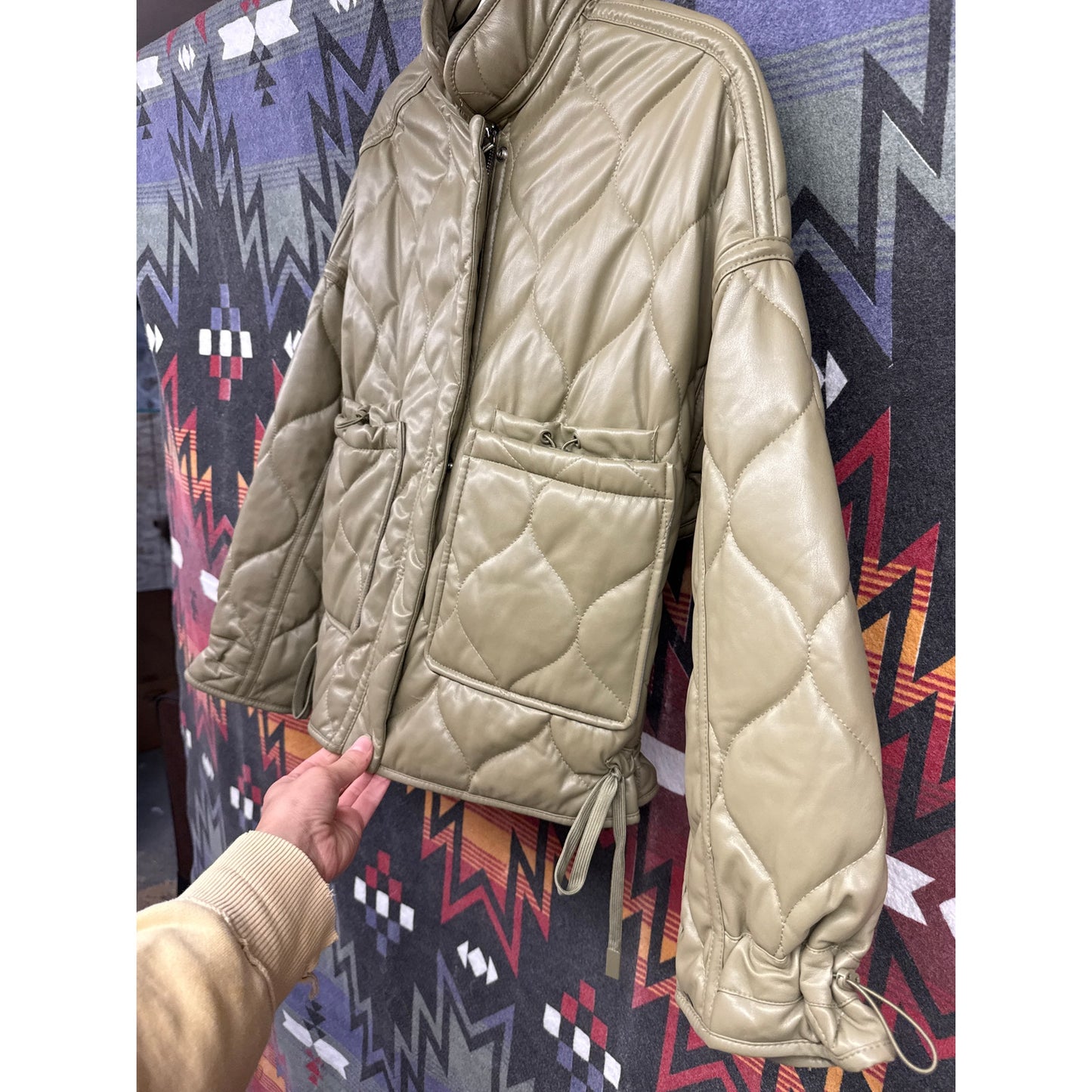 Zara Oversized Green Army Faux Leather Quilted Bomber Jacket Small