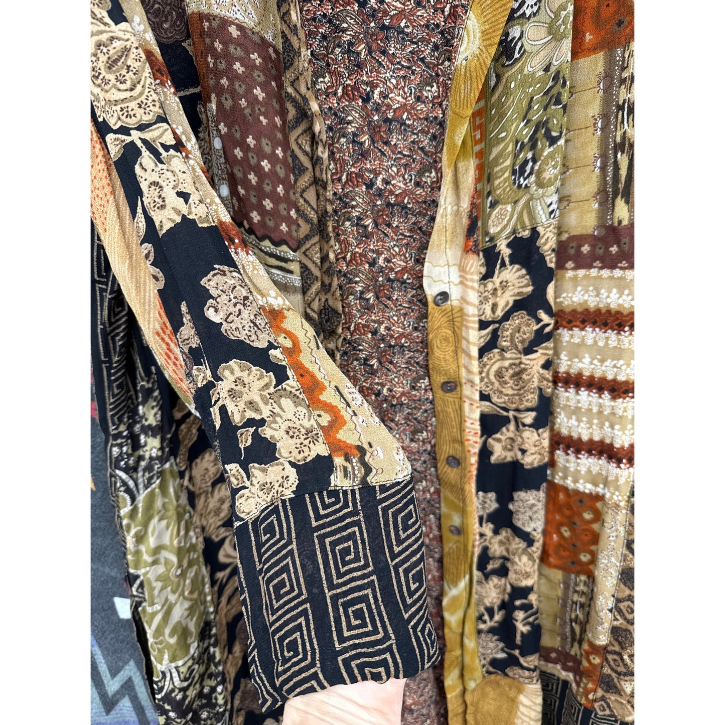 Chico's 2 Cardigan Patchwork Boho Knee Length Duster Hooded Tribal Indian