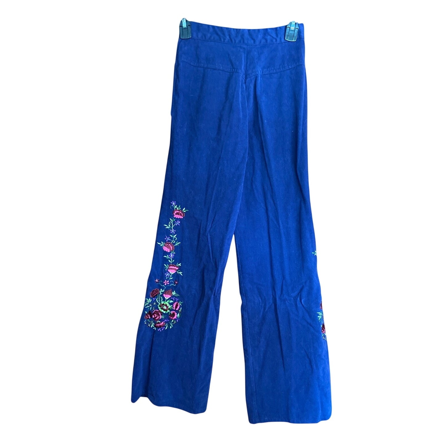 VINTAGE 1970s Cotton Blue Floral Embroidered Bell Bottoms Small