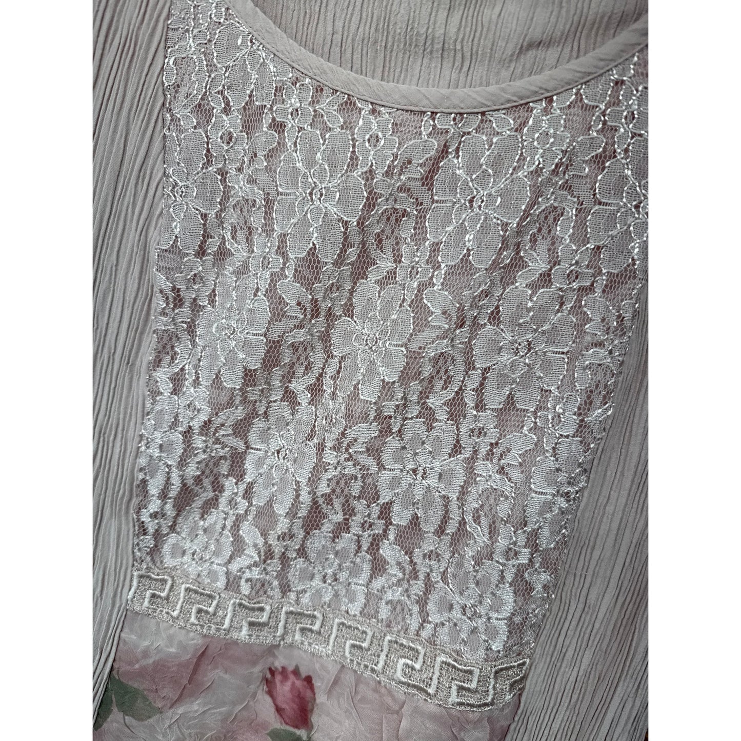 Vintage 90s Y2K Rose Crinkle Lace 14 Maxi Dress Cottage Prairie Fairy