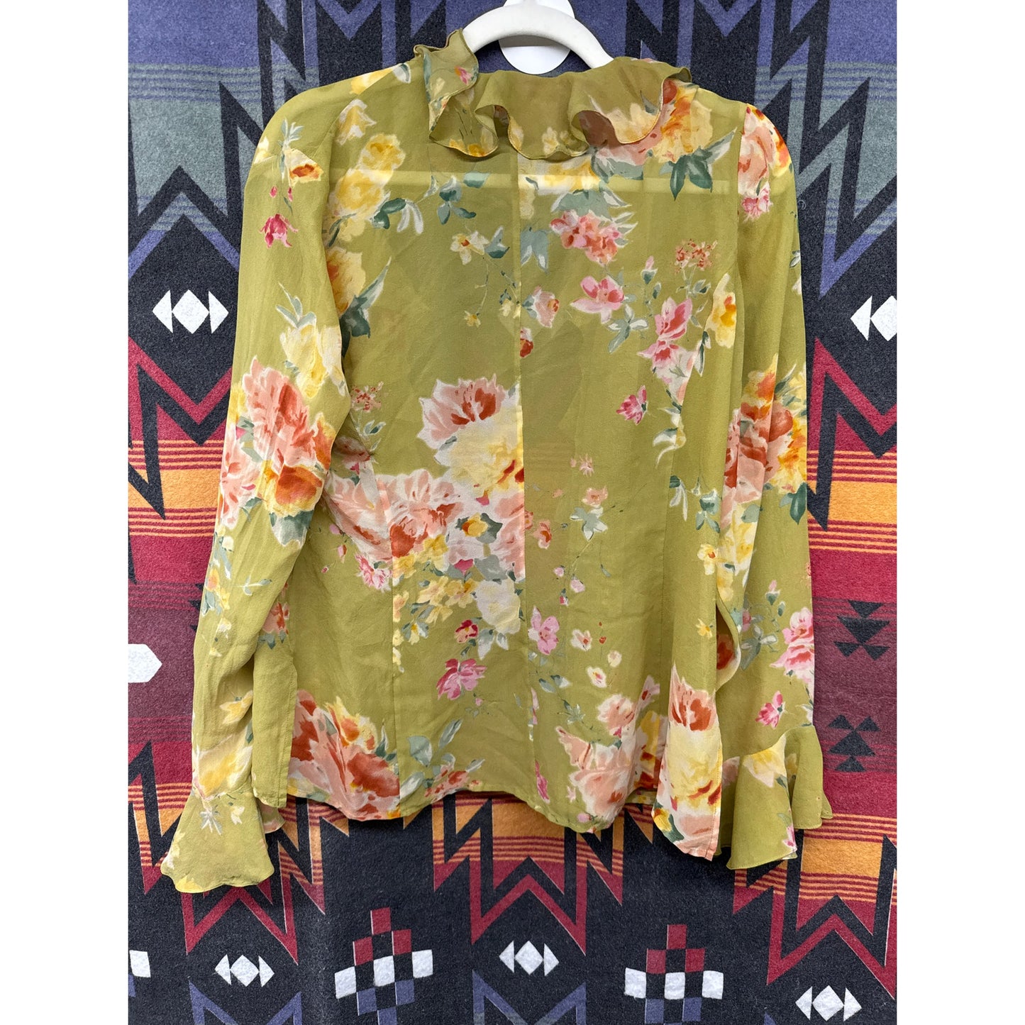 Vintage Y2K Women 10 Cardigan Sheer Chiffon Ruffle Floral Floral Girly Coquette
