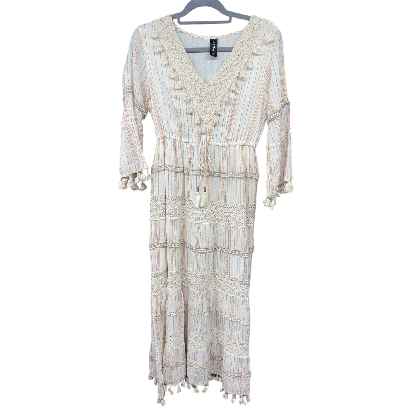 Anthropologie Me 2 Magic Bohemian Dress Maxi Crotchet Lace Tassel Rainbow Fairy