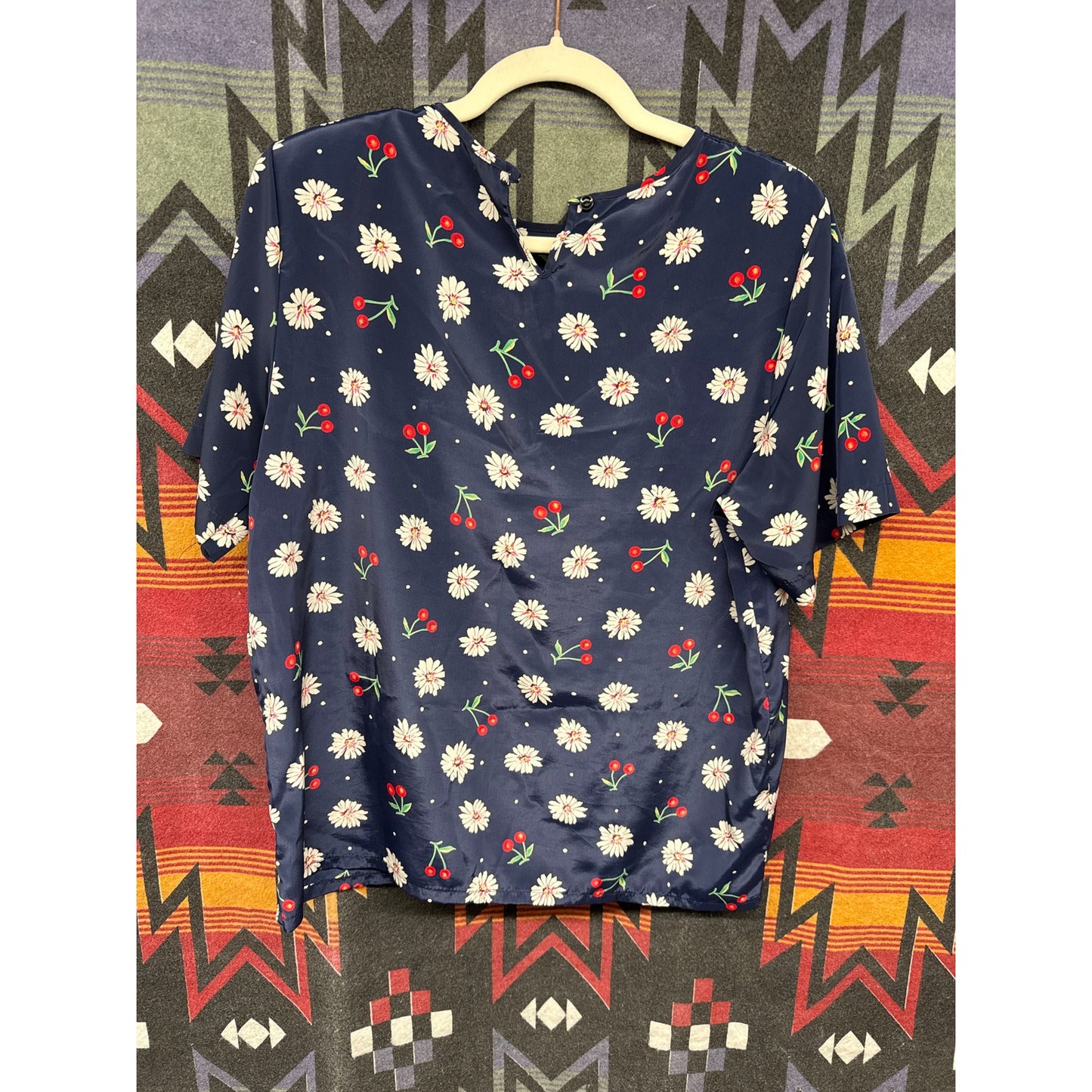 Vintage 90s Kathie Lee Women Cherry Daisy Floral Blouse 10 Novelty Print Prairie