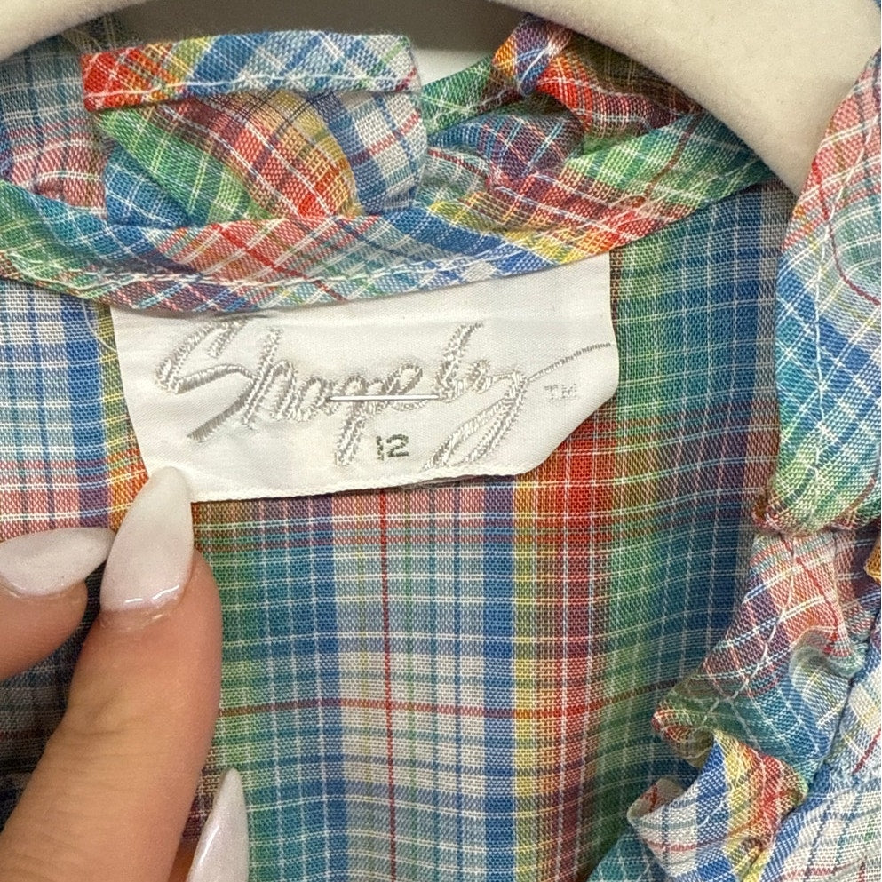 Vintage Shapely 80s Plaid Rainbow Ruffle 12 Blouse Farmer Garden Prairie Modest