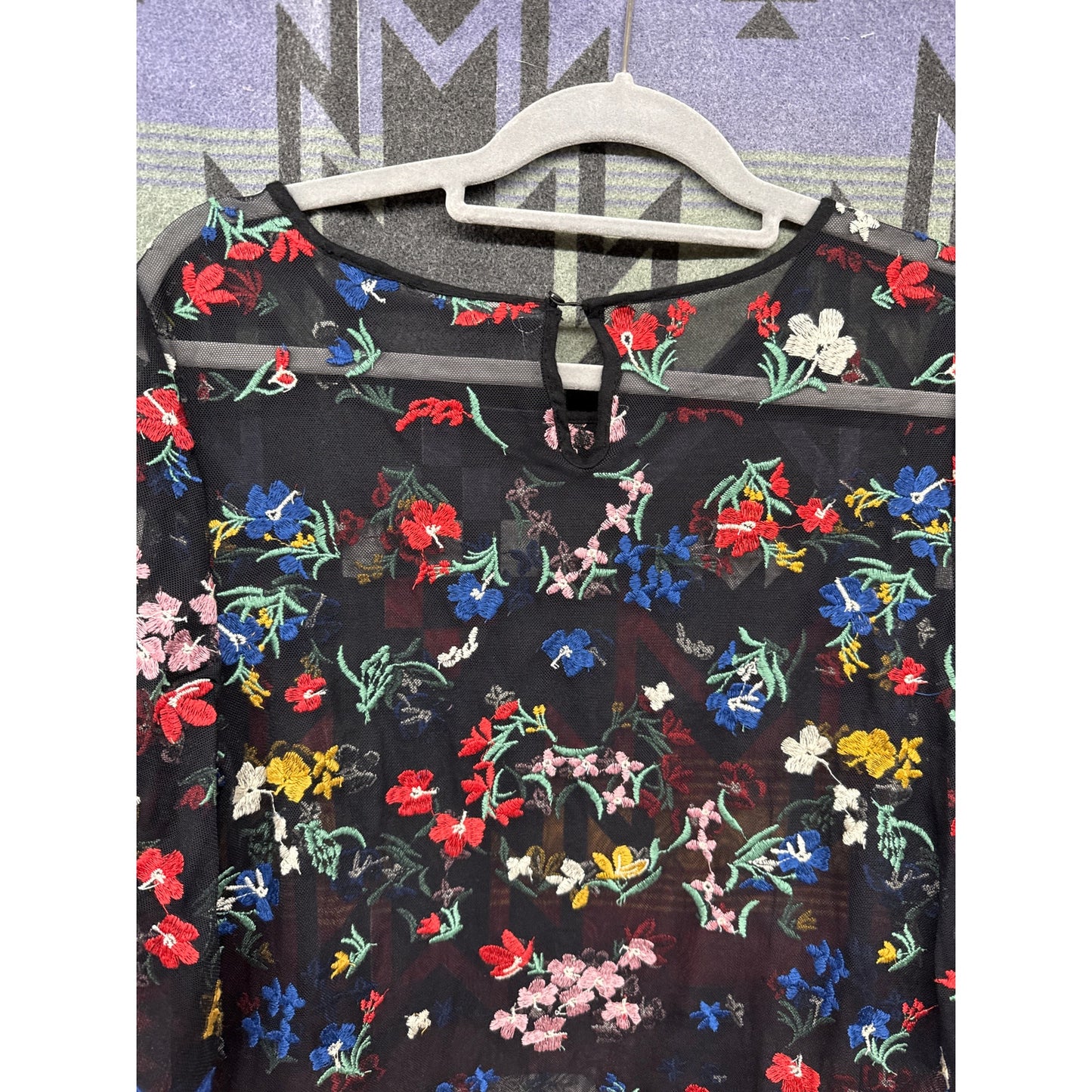 Maeve Anthropologie Black Sheer Blouse Floral Embroidered Fairy Cottage Prairie