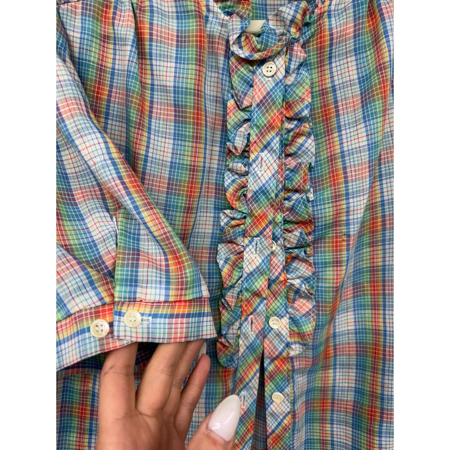 Vintage Shapely 80s Plaid Rainbow Ruffle 12 Blouse Farmer Garden Prairie Modest