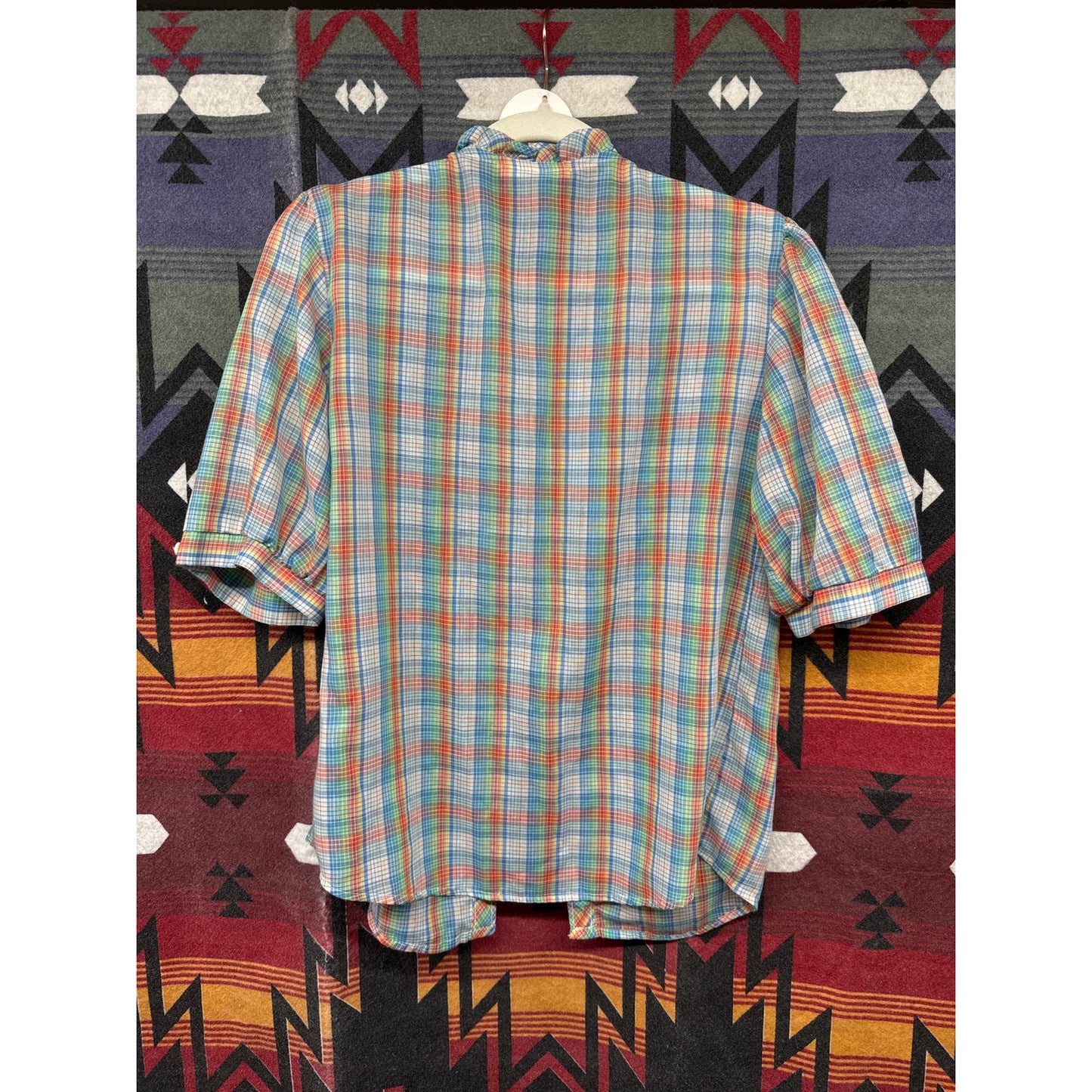 Vintage Shapely 80s Plaid Rainbow Ruffle 12 Blouse Farmer Garden Prairie Modest