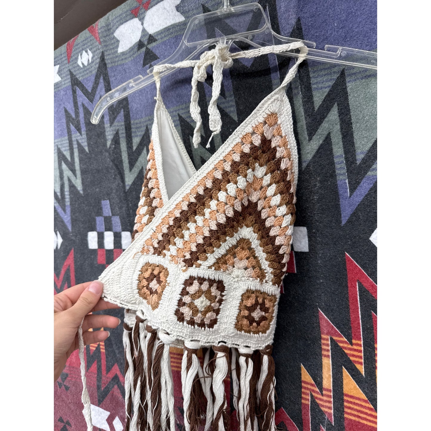 Earthbound Trading Co Patchwork Crop Fringe Top XL Hippie Boho Crotchet Knit