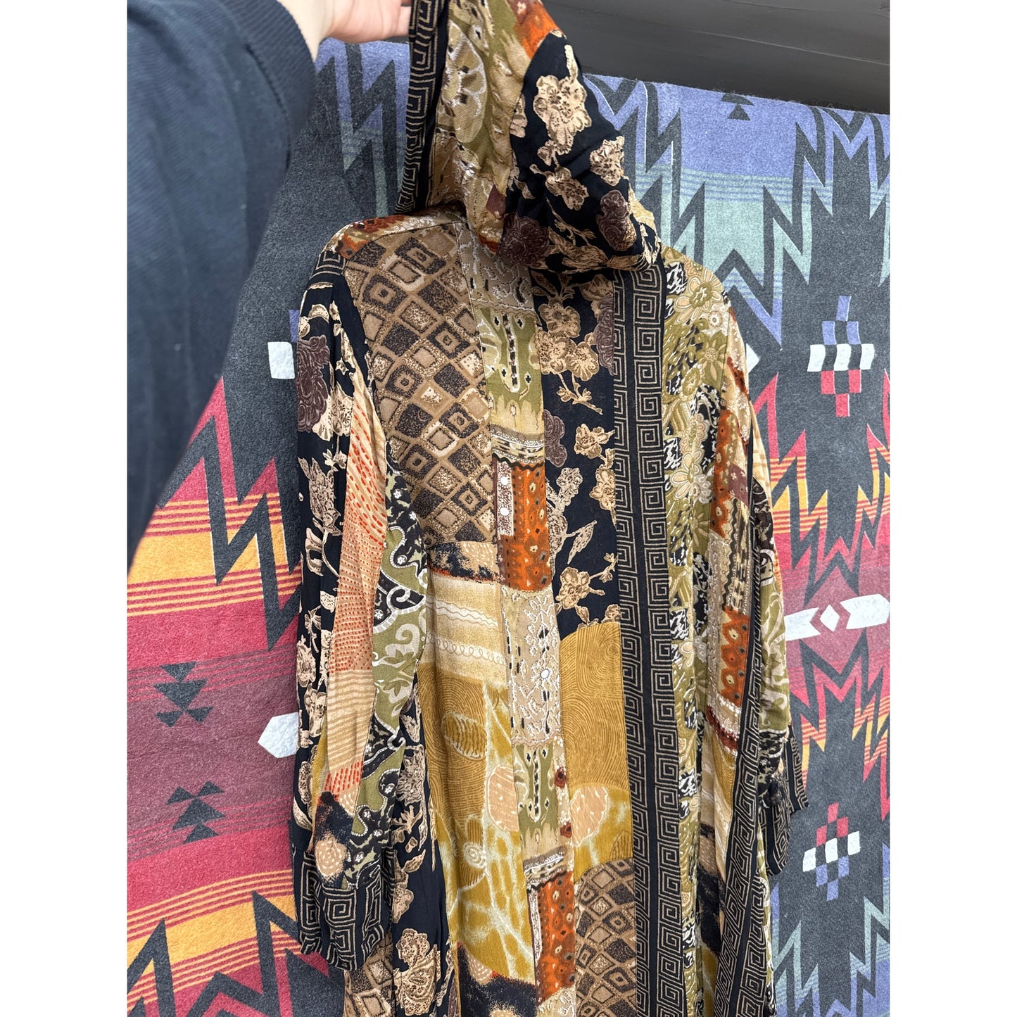 Chico's 2 Cardigan Patchwork Boho Knee Length Duster Hooded Tribal Indian