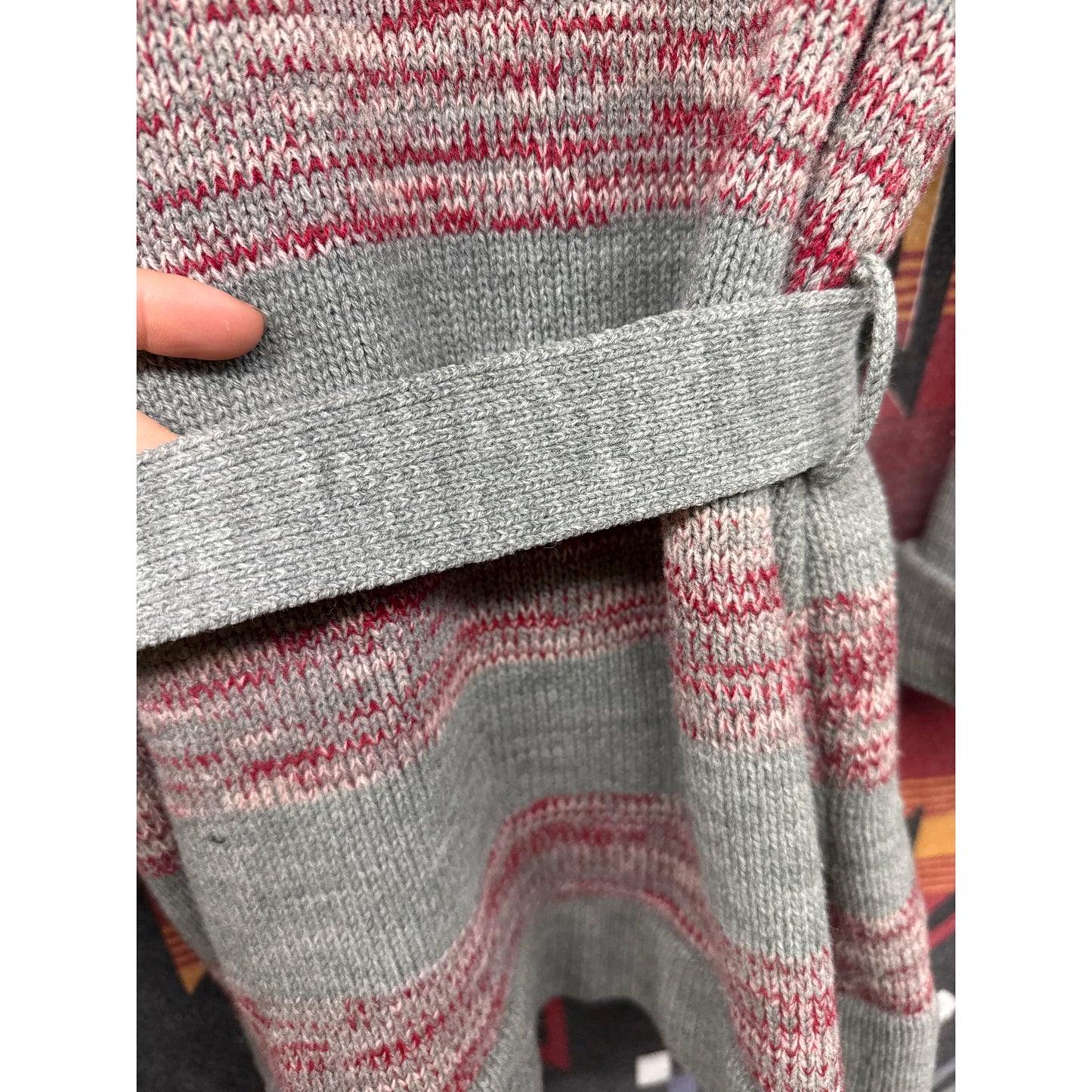 70s Women's Striped Cardigan Sweater Medium Space Dye Red Gray Belted Bel Sleeve