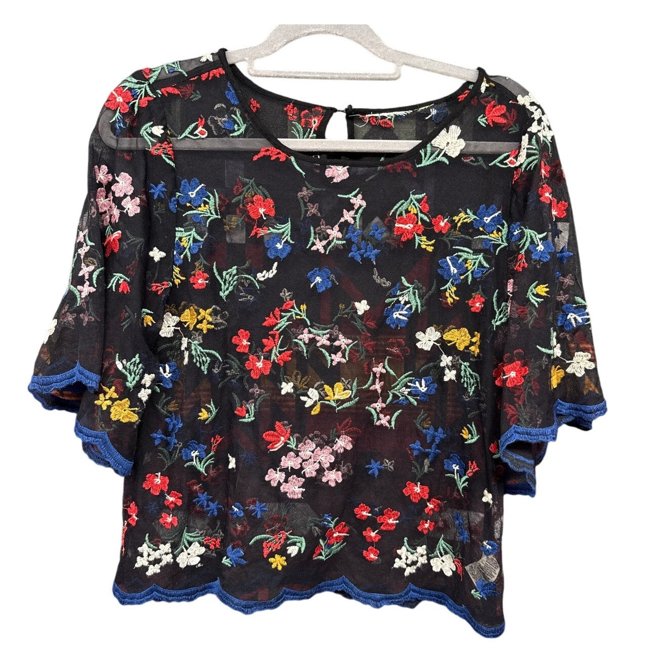 Maeve Anthropologie Black Sheer Blouse Floral Embroidered Fairy Cottage Prairie