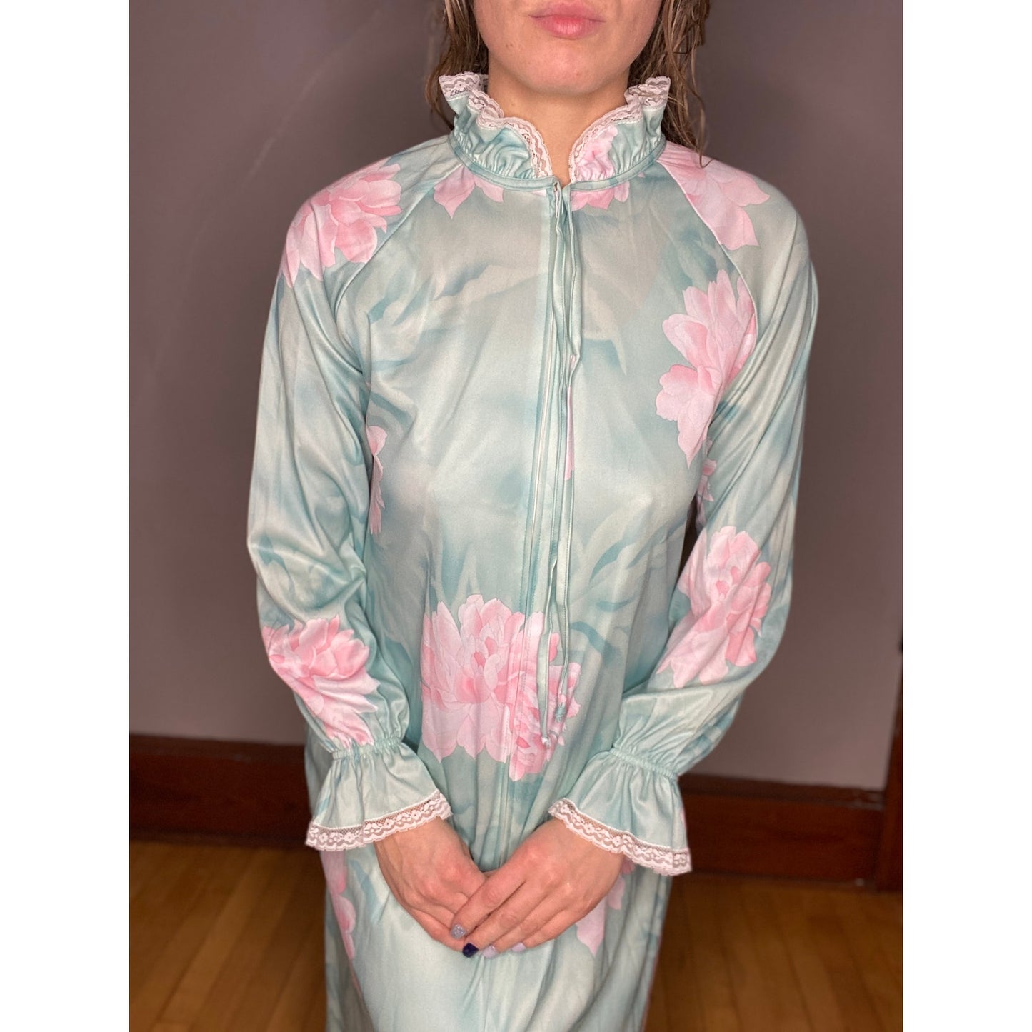 VINTAGE Mint Floral 2 Piece Nightgown Housecoat 70s Medium