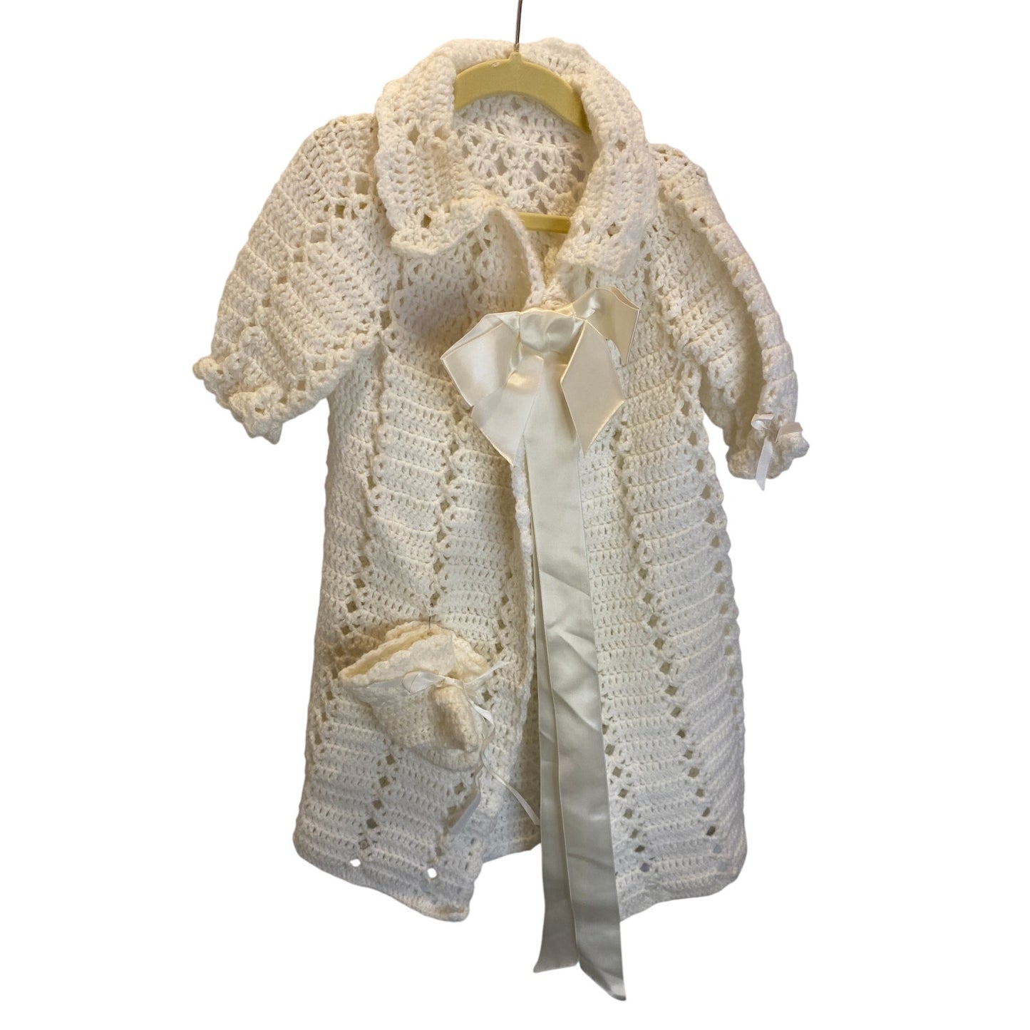Homemade Vintage White Knit Crotchet Communion Dress Bow Booties