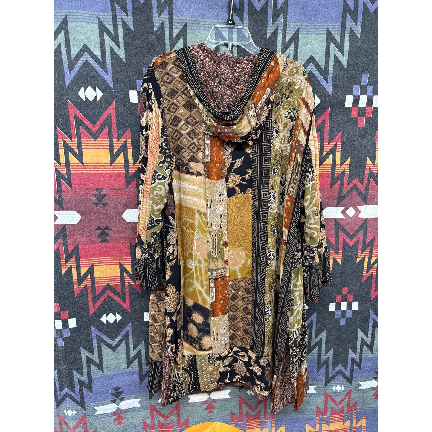 Chico's 2 Cardigan Patchwork Boho Knee Length Duster Hooded Tribal Indian