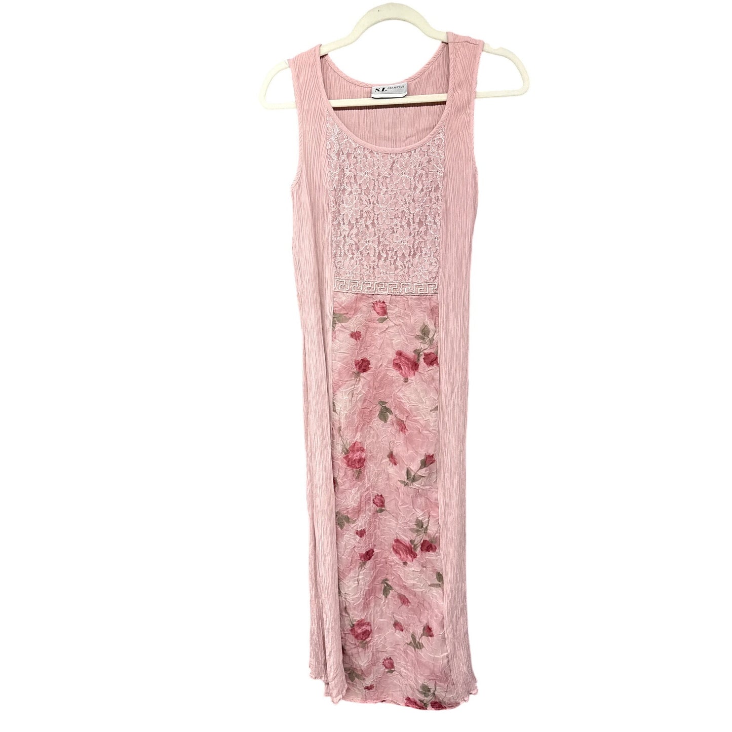 Vintage 90s Y2K Rose Crinkle Lace 14 Maxi Dress Cottage Prairie Fairy
