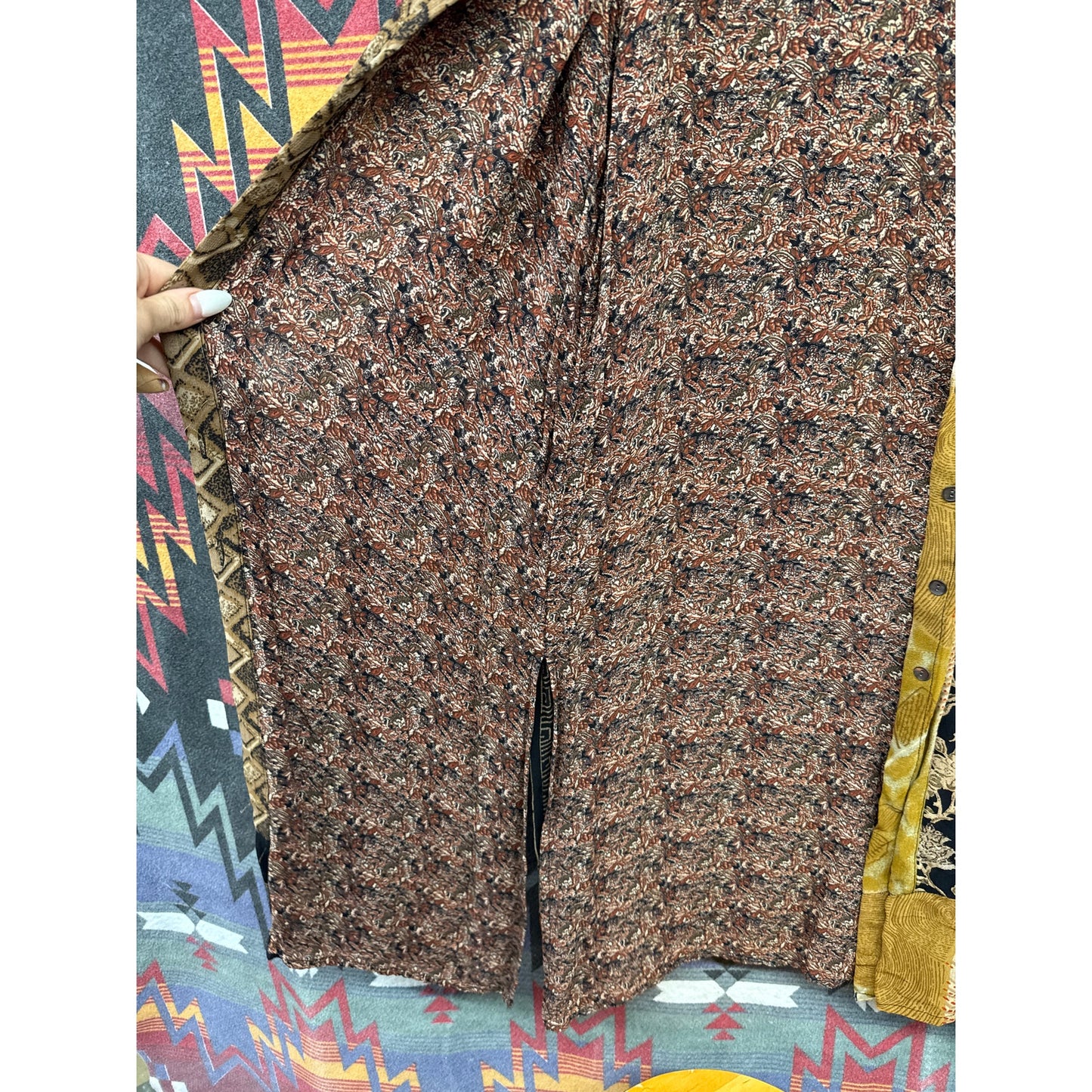 Chico's 2 Cardigan Patchwork Boho Knee Length Duster Hooded Tribal Indian