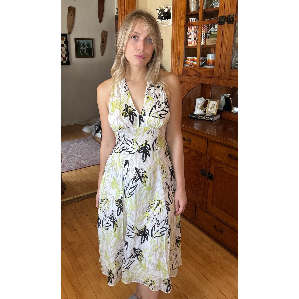 Nordstrom Mint Velvet Olive Print Halter Neck Midi Dress 4 Leaves Nature Flowy