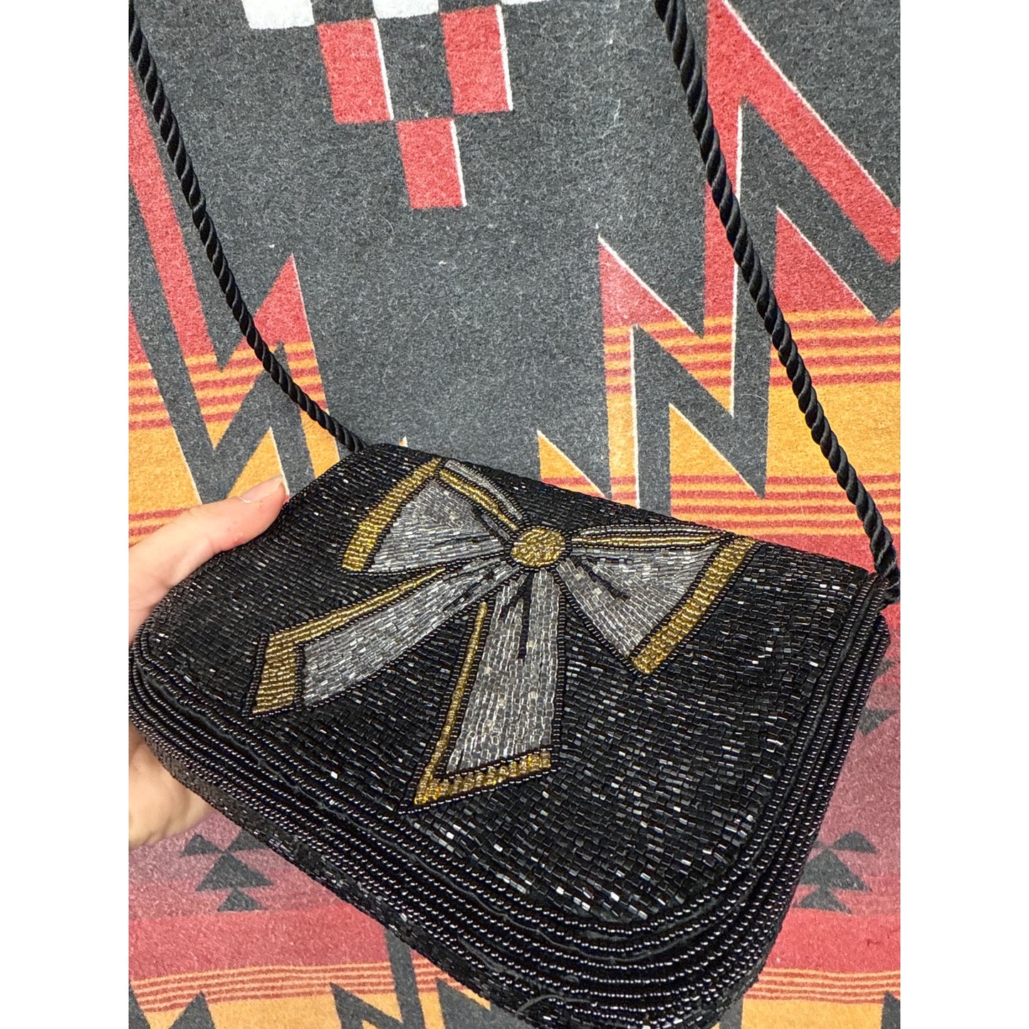Vintage Purse Beaded Bow Shoulder Black Gatsby Gold Sparkle Black Tie Glamour