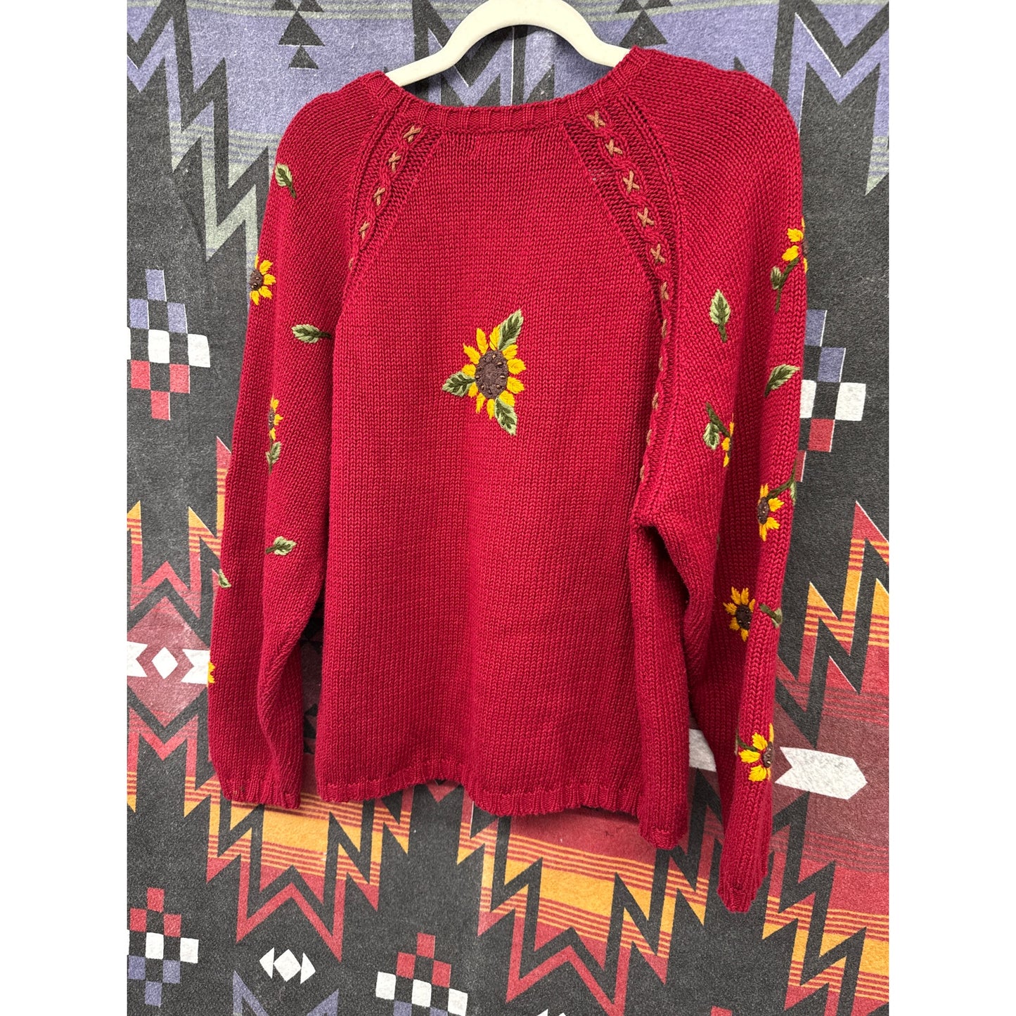 PBJ Vintage Red Sunflower Crotchet Knit Sweater Large Cottage Meadow Fairy
