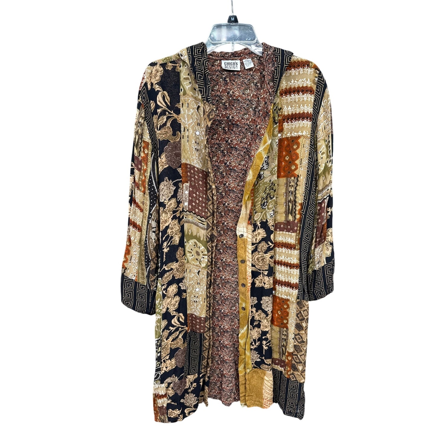 Chico's 2 Cardigan Patchwork Boho Knee Length Duster Hooded Tribal Indian